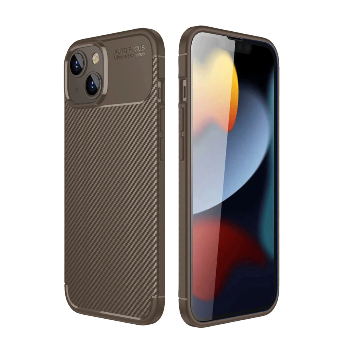 NEWFACE iPhone 14 Uyumlu Auto Focus Karbon Kapak Telefon Kılıfı Kahverengi
