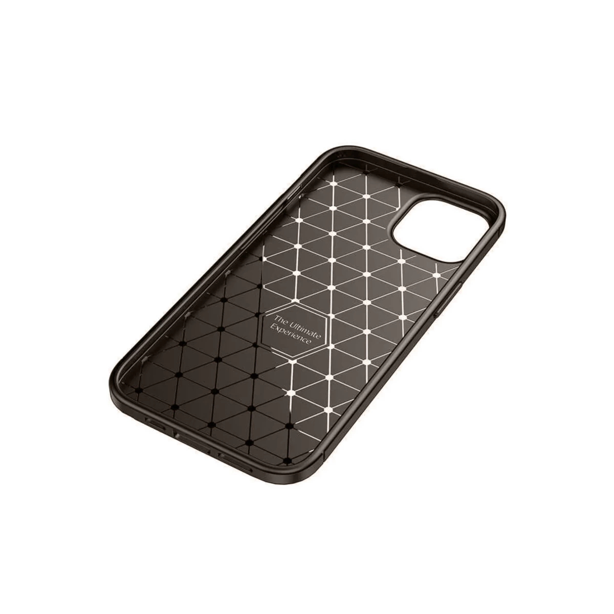 Geometrik desenli ve kamera kesintili siyah telefon kılıfı.