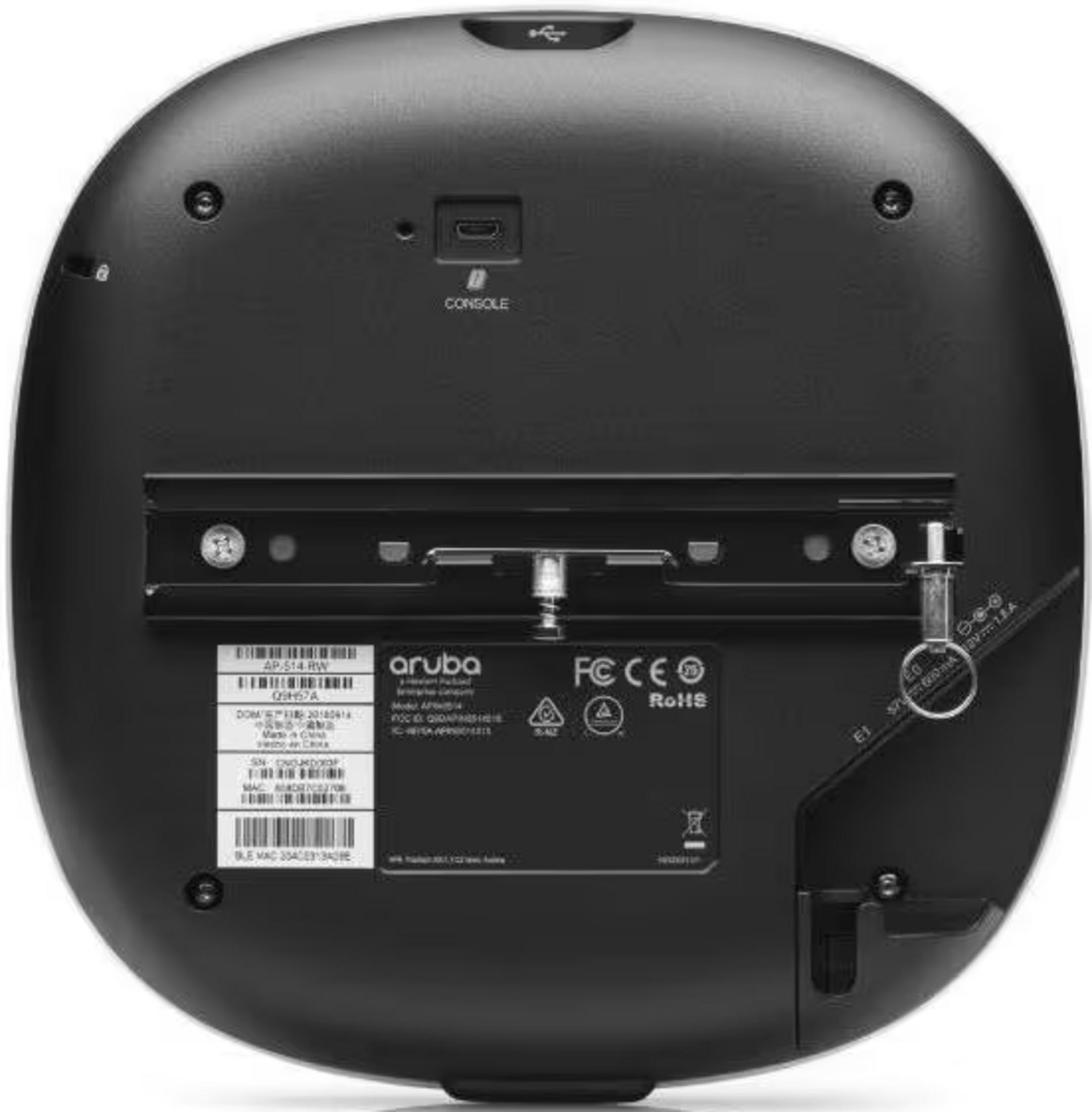 Tył czarnego punktu dostępowego Aruba AP-514 WLAN z portami i etykietą.