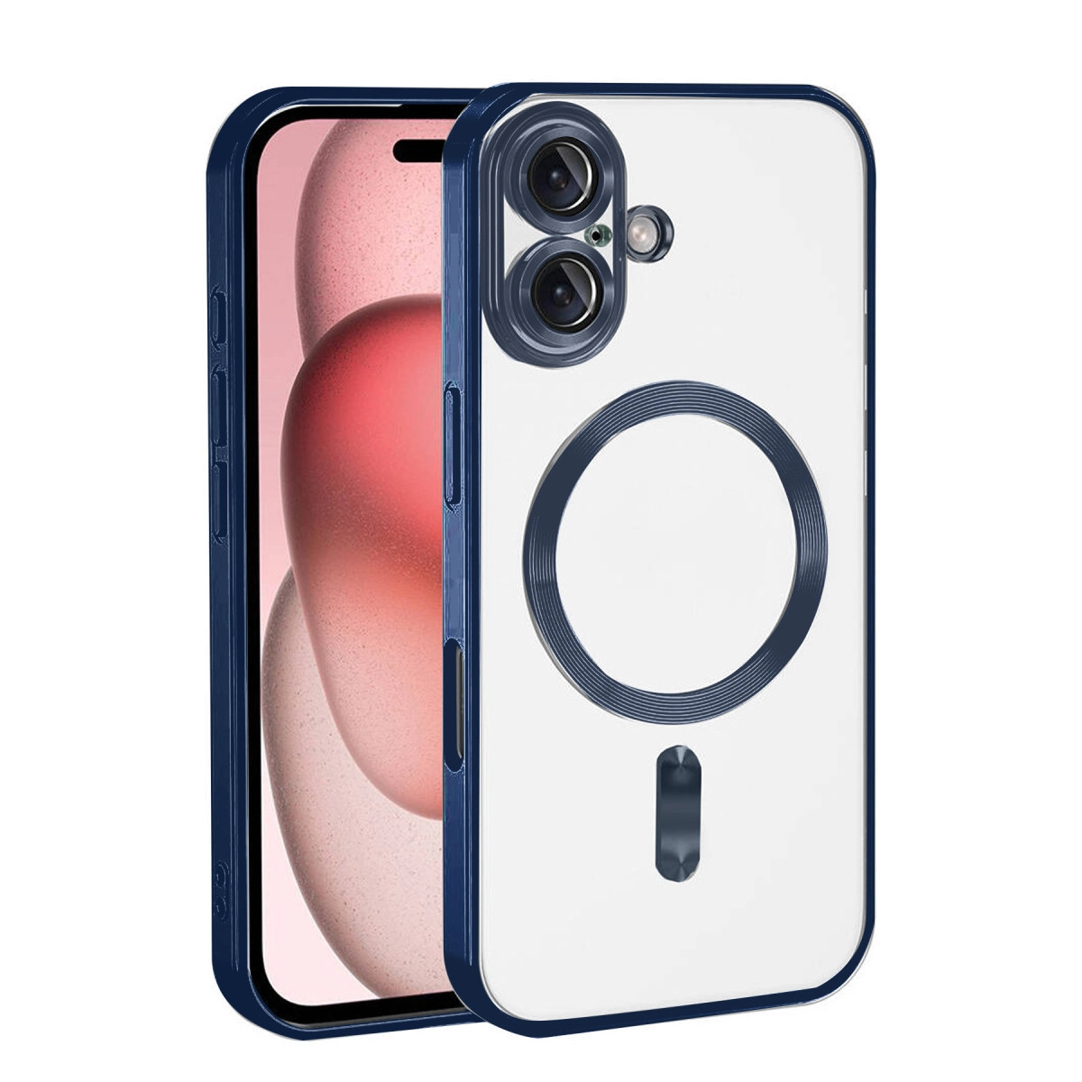 Mavi kenarlı şeffaf telefon kılıfı ve bir telefon.