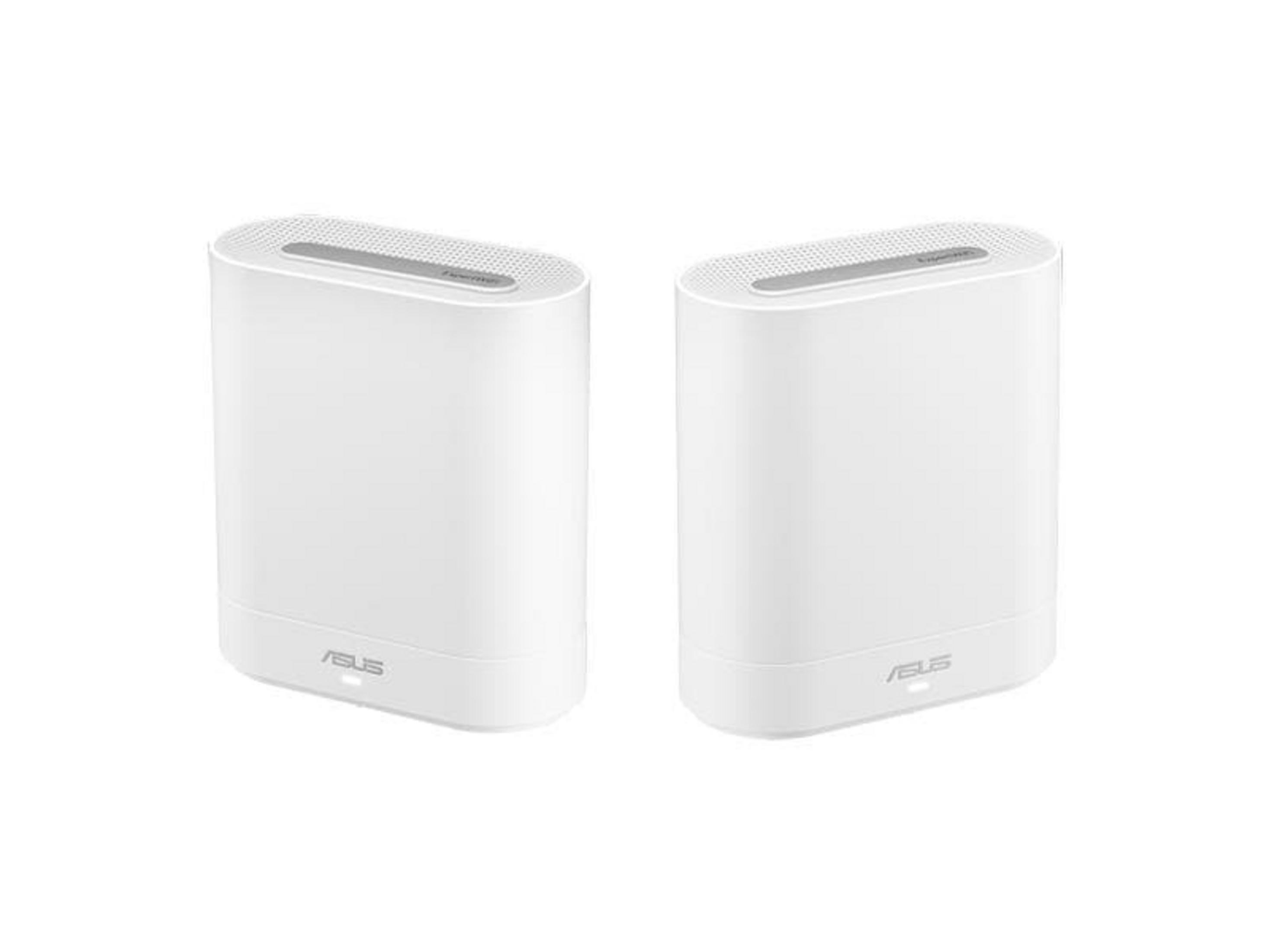 Dwa białe routery ASUS obok siebie na białym tle.