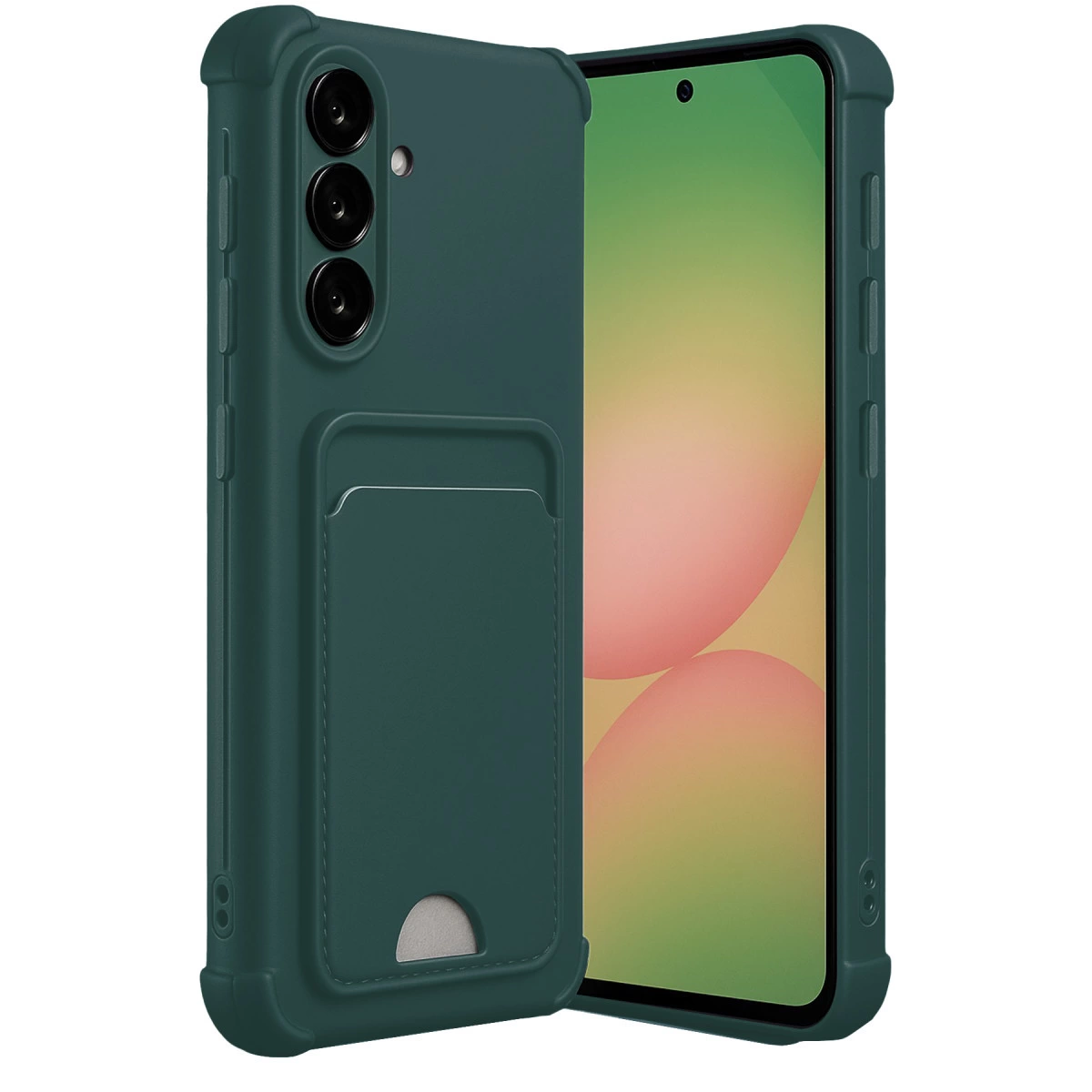 Kart yuvalı koyu yeşil telefon kılıfı ve renkli arka plana sahip akıllı telefon.