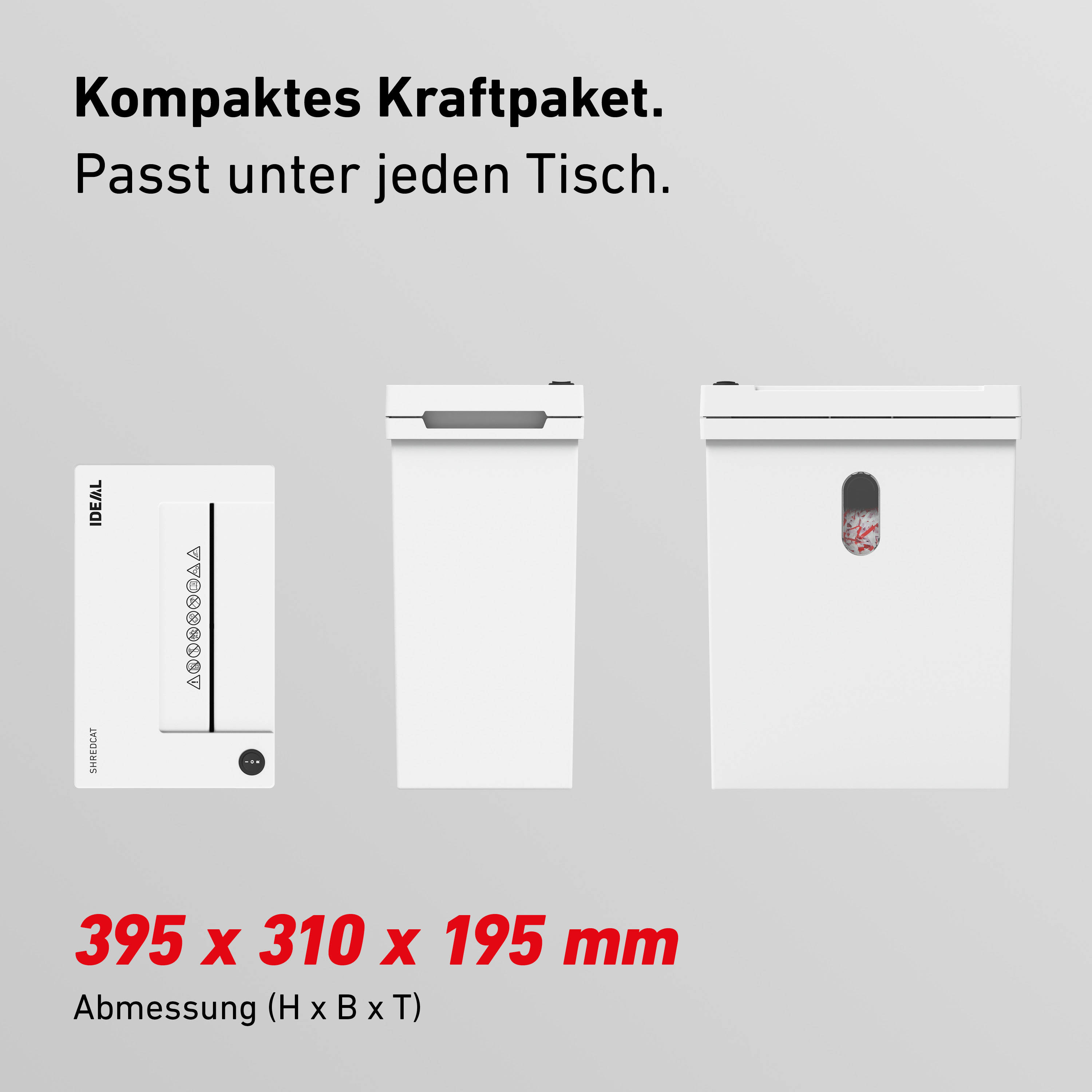 Drei weiße Aktenvernichter in verschiedenen Größen, Maße angegeben.