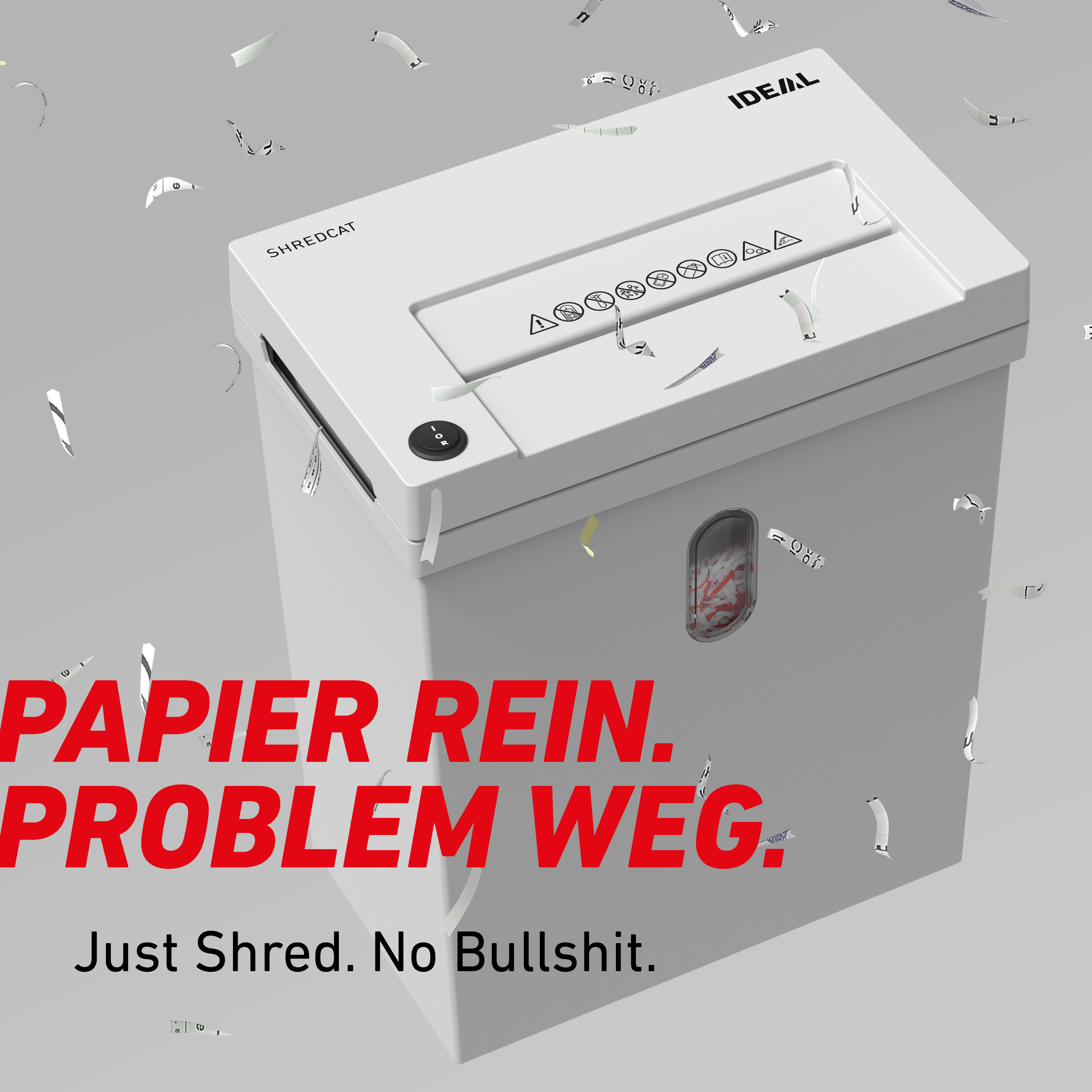 Ein weißer Aktenvernichter mit Papierschnipseln im Flug. Text: Papier rein. Problem weg.