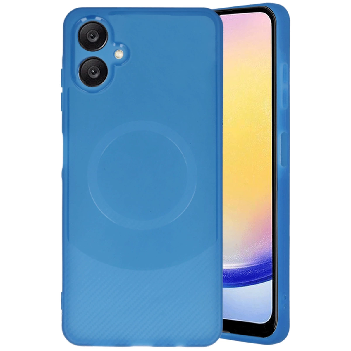 İki kameralı ve dairesel tasarımlı mavi telefon kılıfı.