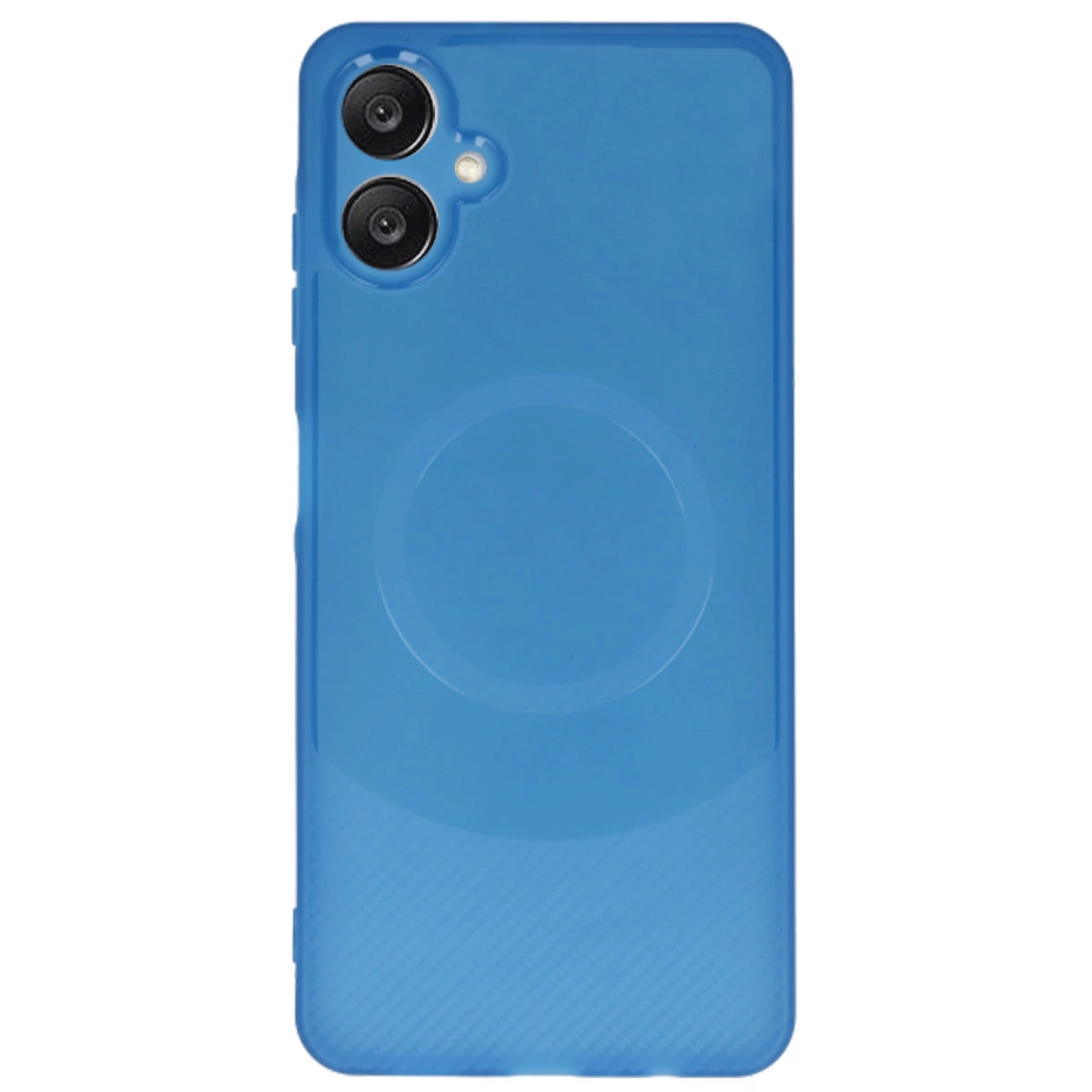 Arkada iki kamera ve daire bulunan mavi telefon kılıfı.