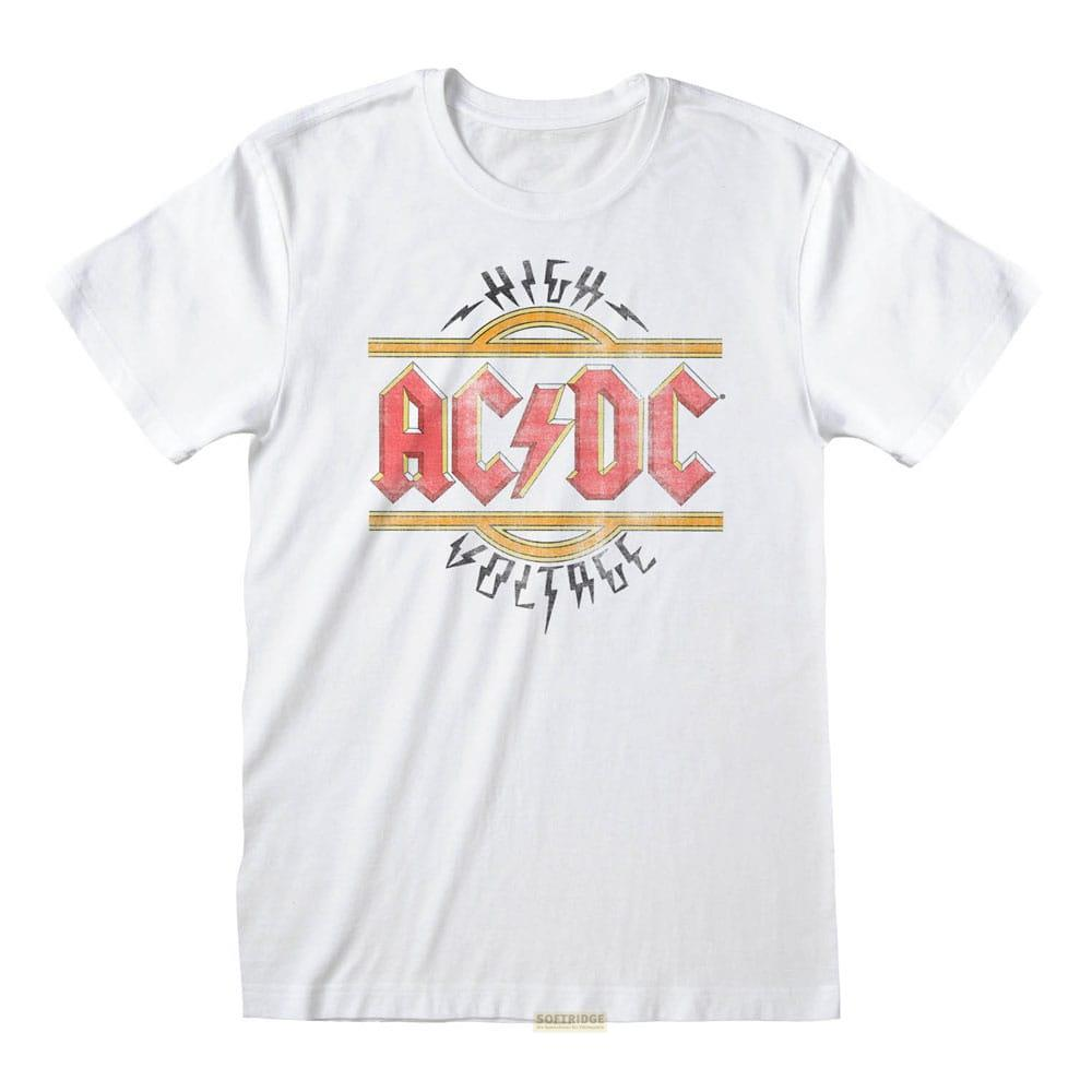Weißes T-Shirt mit AC/DC High Voltage Logo in Rot und Gelb.