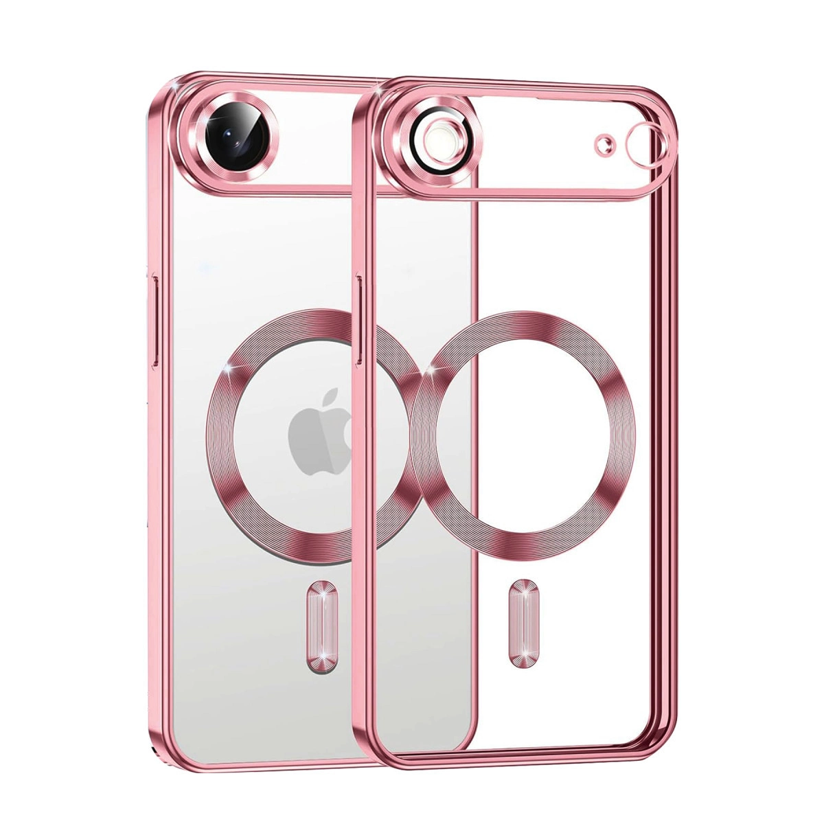 Apple logosu ve roze altın kenarlı iki şeffaf telefon kılıfı.