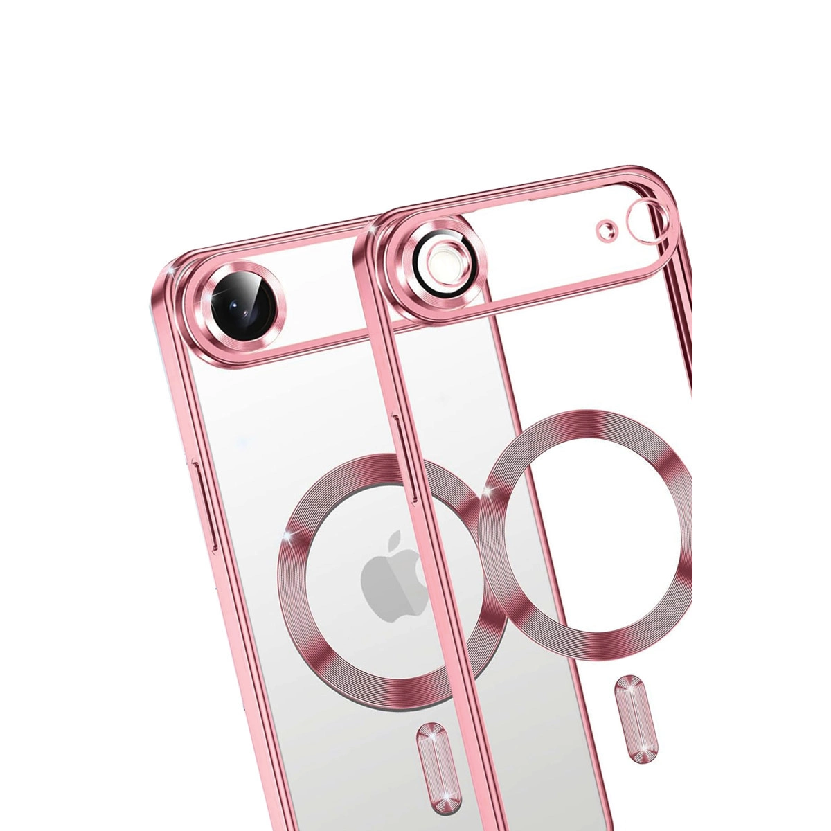 Şeffaf arkalı ve kamera halkalı iki adet rose gold iPhone kılıfı.