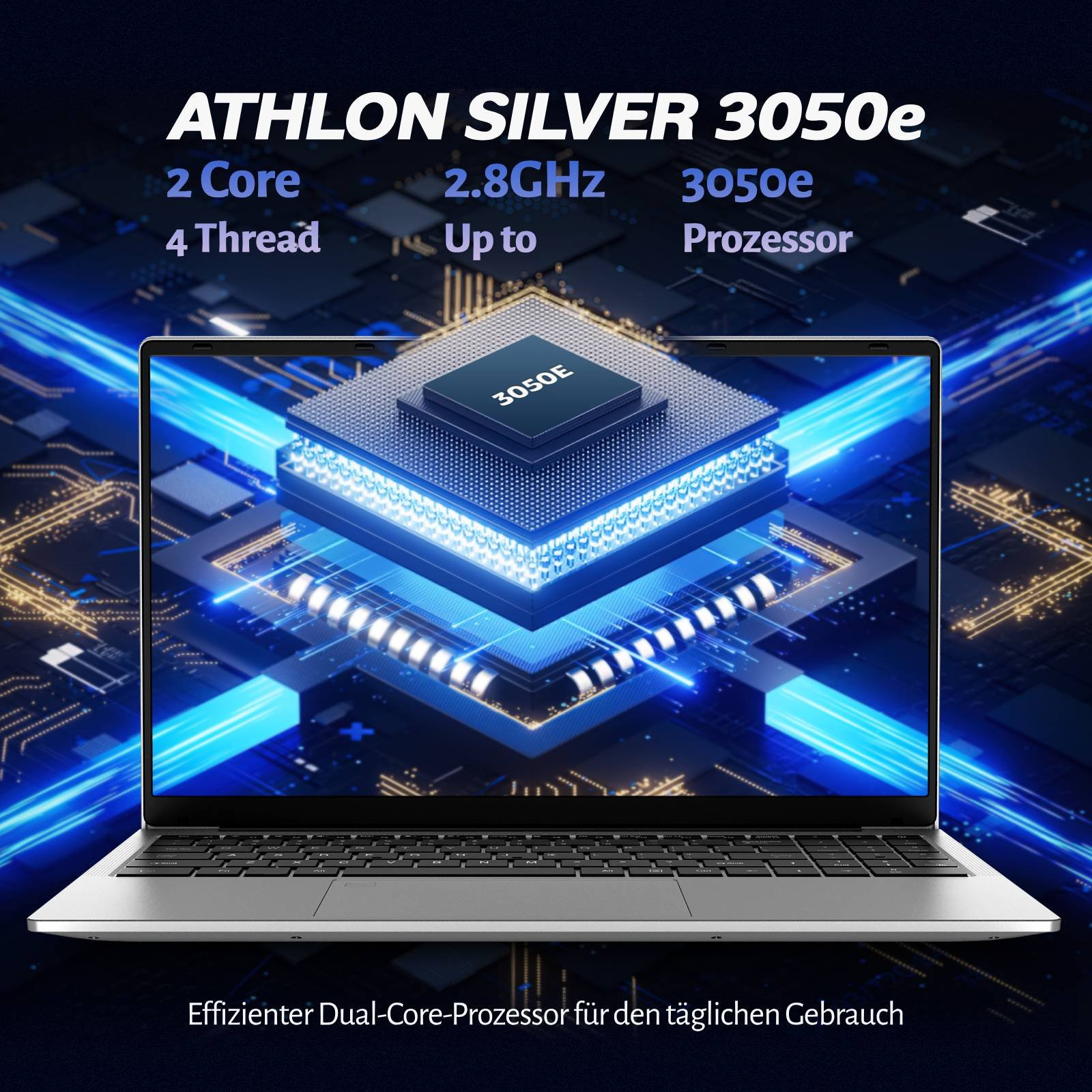 Laptop mit einem stilisierten Athlon Silver 3050e Prozessor im Hintergrund.