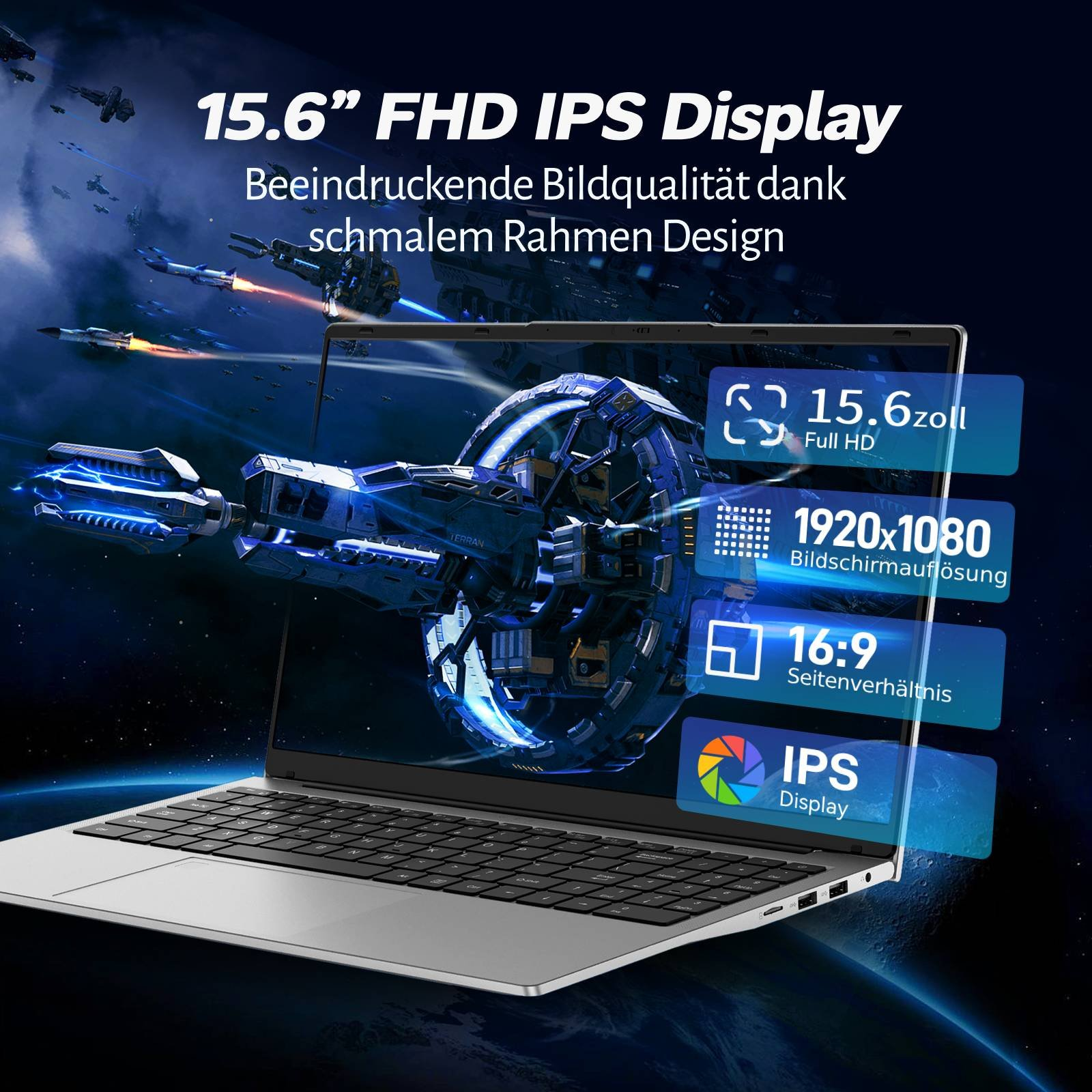 Laptop mit 15,6 Zoll FHD IPS Display, zeigt Weltraumschiffe und Spezifikationen.