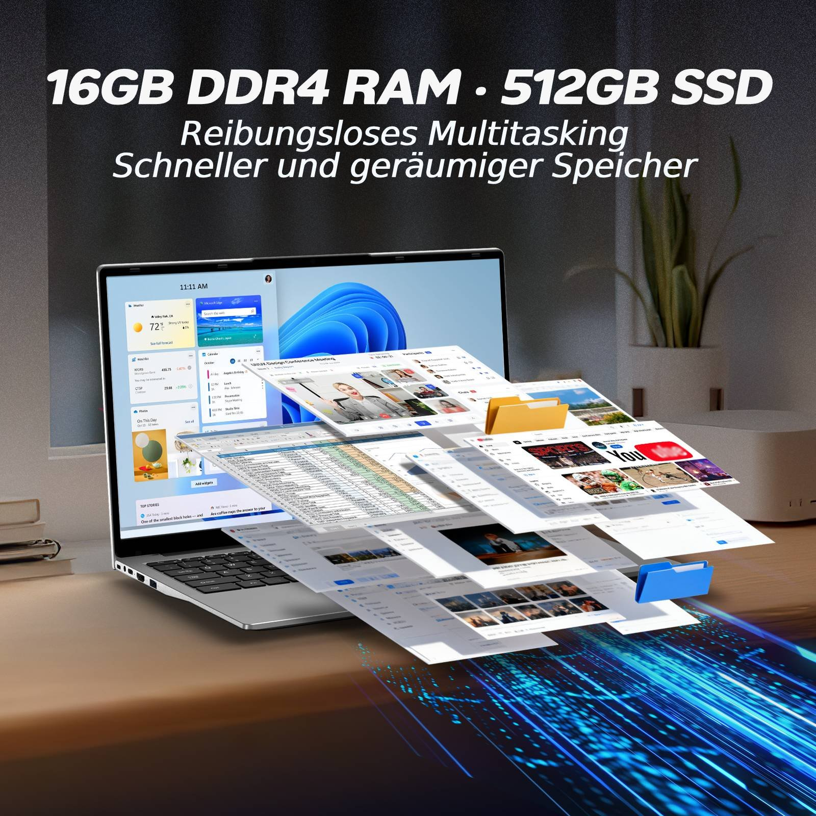 Ein Laptop mit vielen geöffneten Fenstern und Text über RAM und SSD.