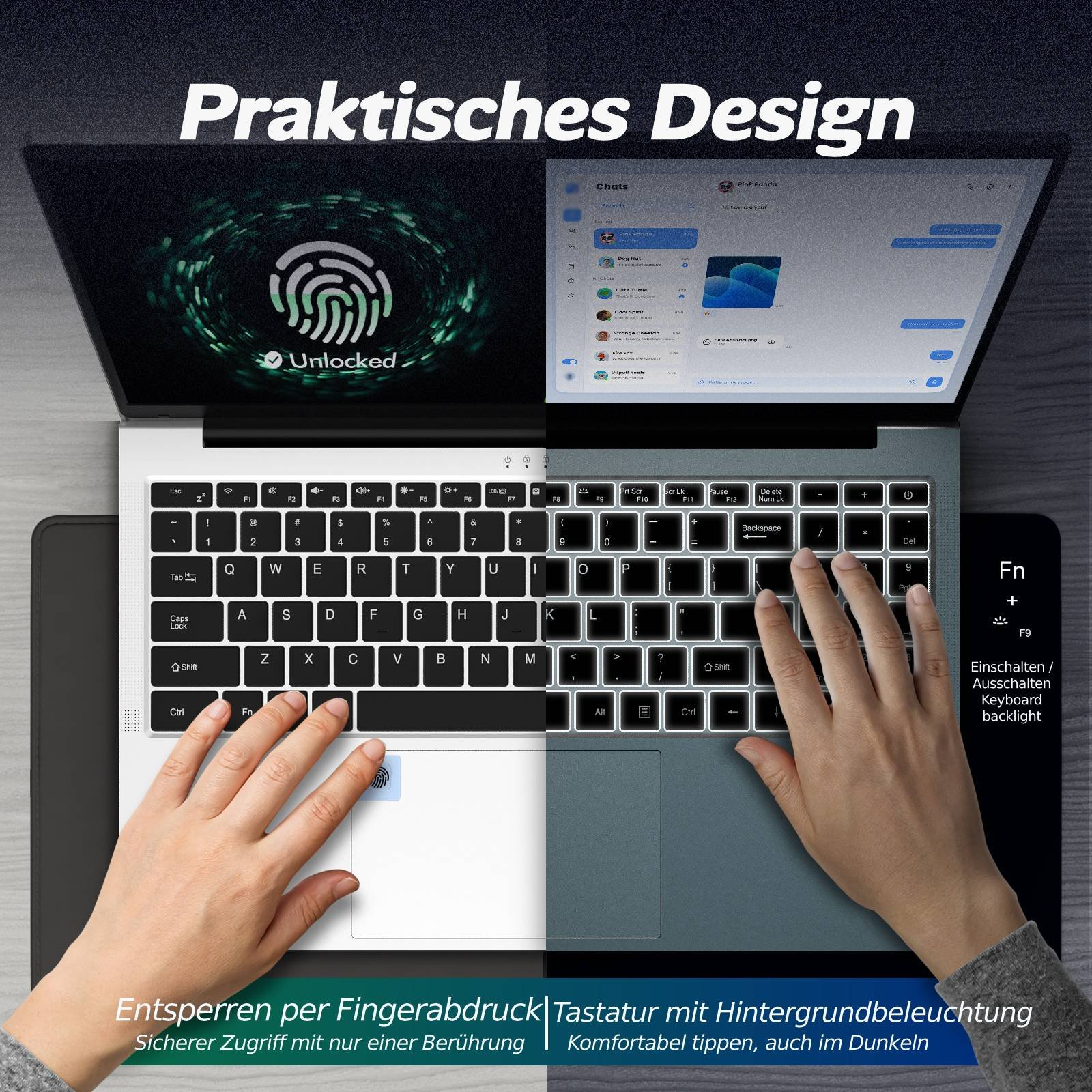 Laptop mit Fingerabdruck-Scanner und beleuchteter Tastatur. Chat-App auf dem Bildschirm.