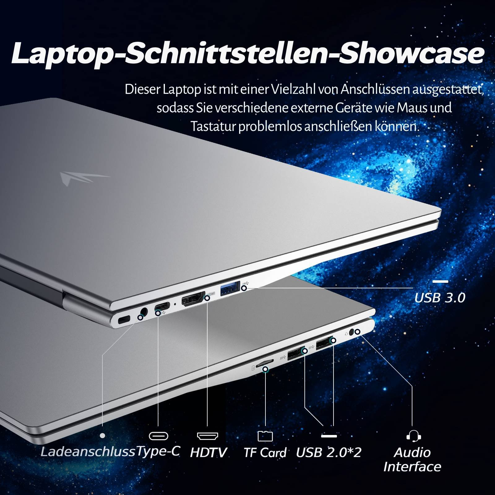 Silberner Laptop mit Anschlüssen: USB-C, HDTV, TF-Karte, USB 3.0.