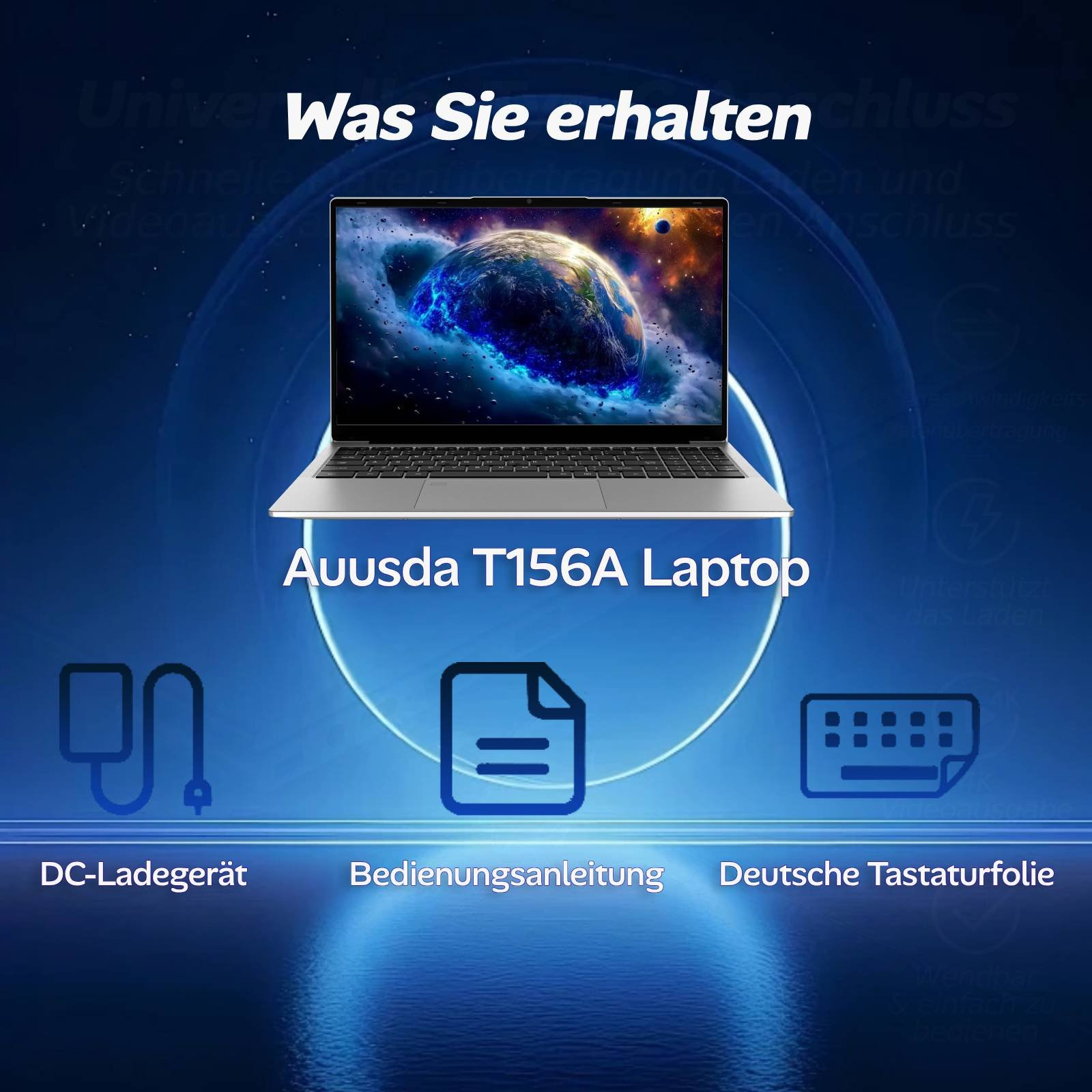 Auusda T156A Laptop mit Weltraum-Hintergrund, DC-Ladegerät, Anleitung, Tastatur.