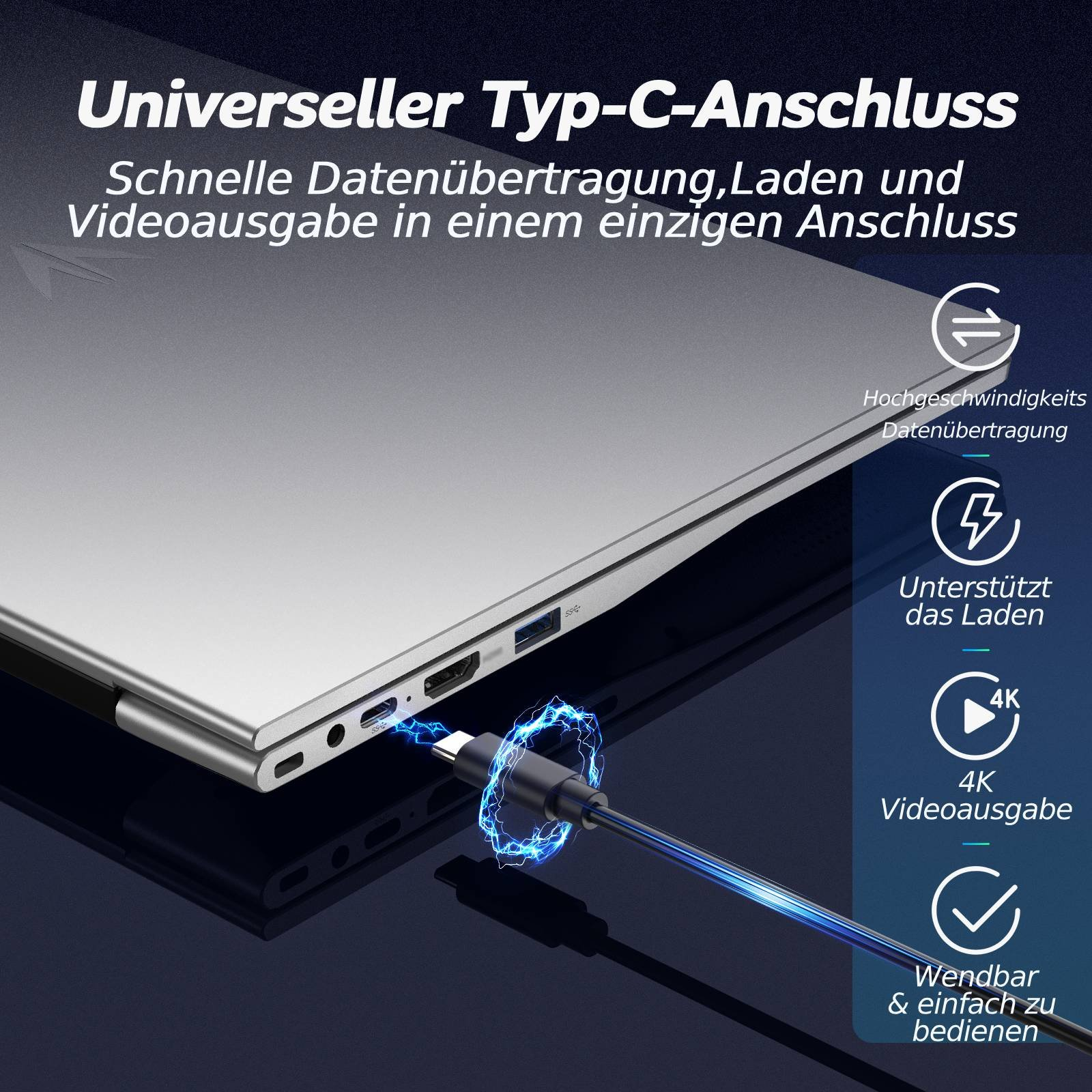 Ein USB-C-Kabel wird in einen Laptop gesteckt, unterstützt 4K, Laden, Daten.