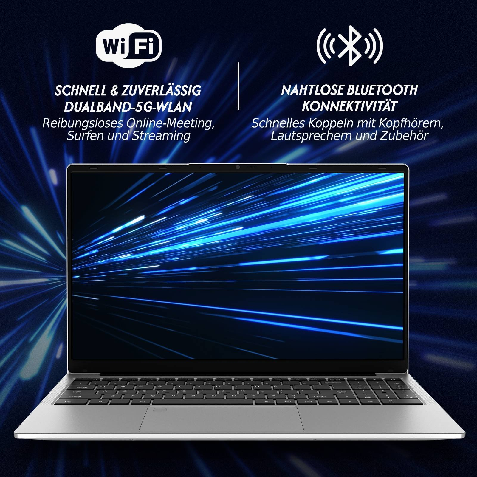 Ein Laptop mit Wi-Fi und Bluetooth-Symbolen. Schnelles WLAN & Bluetooth-Konnektivität.