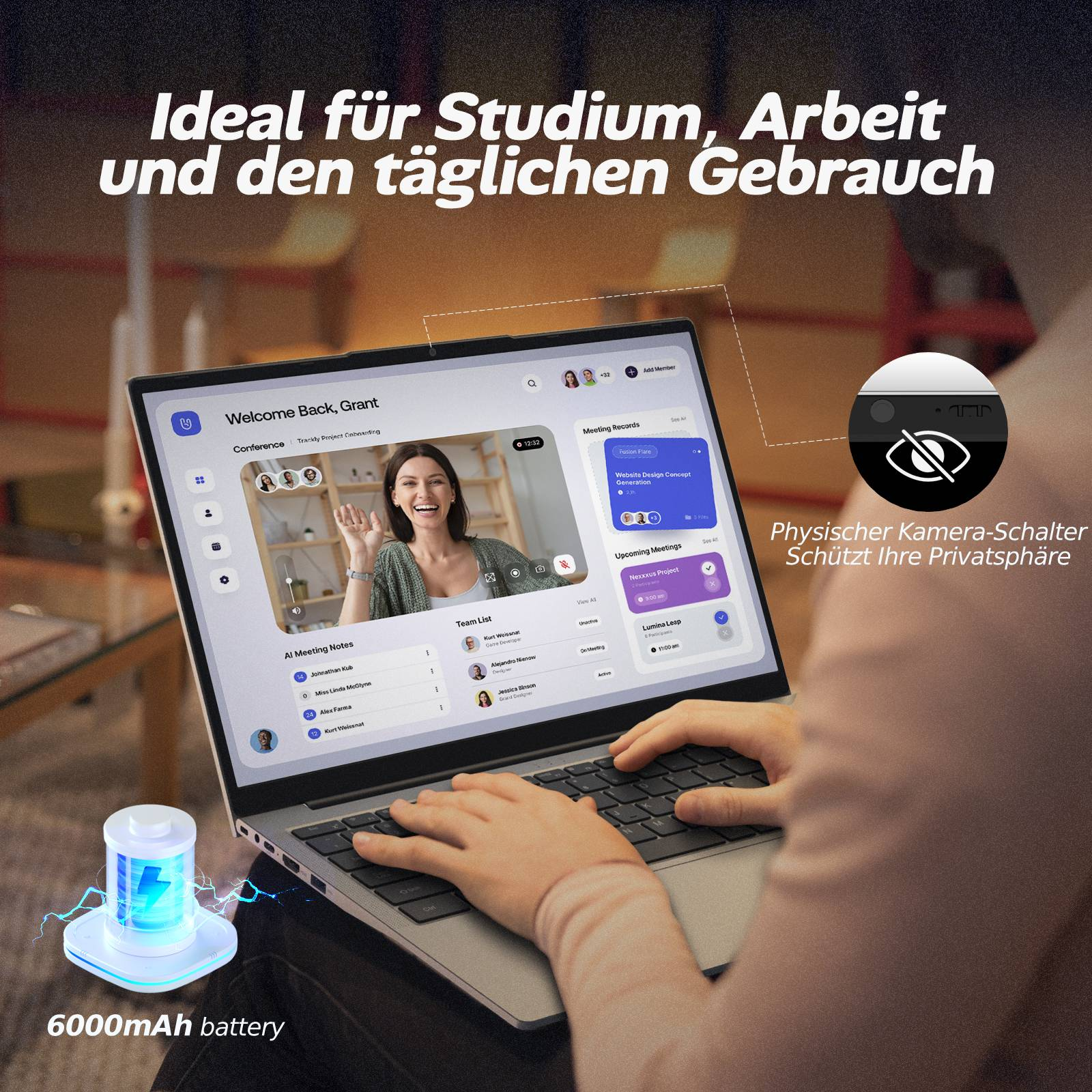Laptop mit Videokonferenz, Akku-Symbol und Kamera-Schalter.