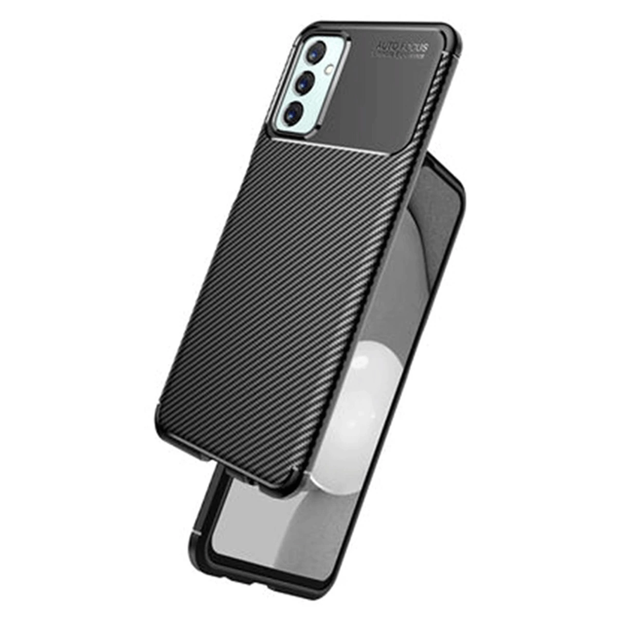 Karbon fiber dokulu siyah telefon kılıfı, üç kamera lensli.