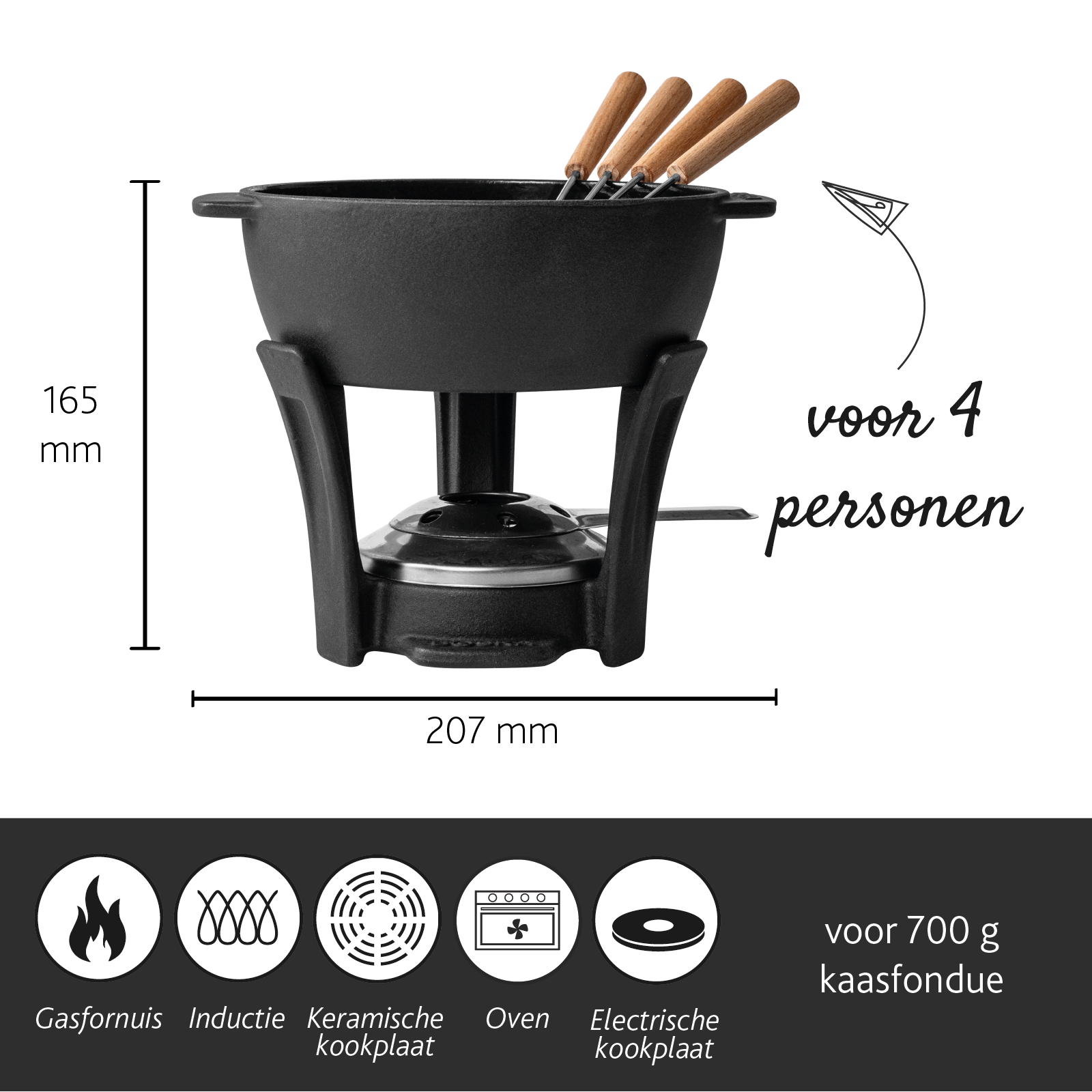 Schwarzes Fondue-Set mit 4 Holzspießen für 4 Personen. Maße: 165x207 mm.