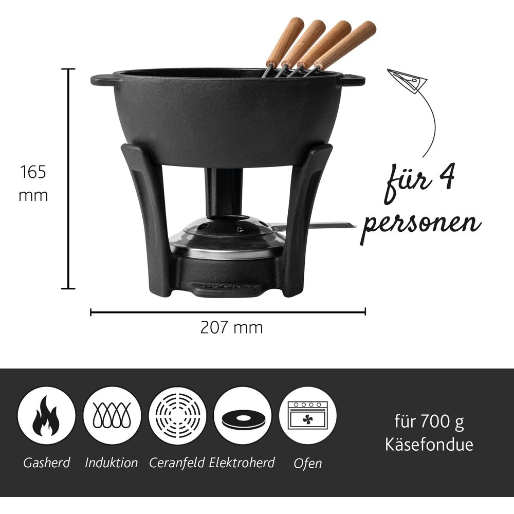 Schwarzes Fondue-Set für 4 Personen, 165mm hoch, 207mm breit. Geeignet für Gas, Induktion, Ceranfelder.