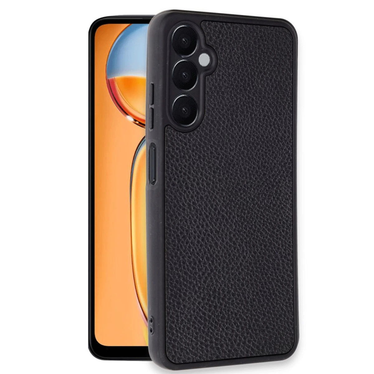 Turuncu arka planlı akıllı telefonda siyah dokulu deri telefon kılıfı.