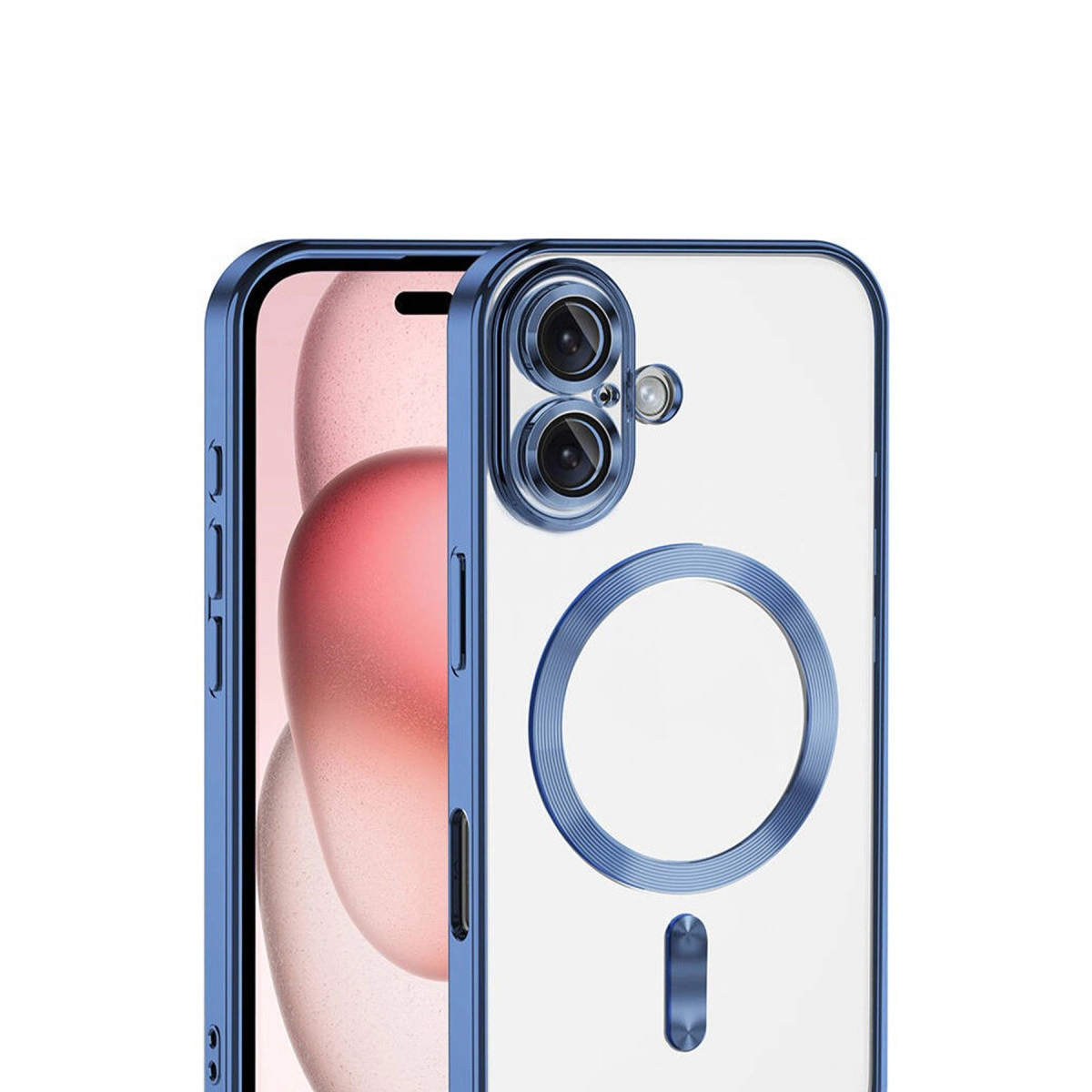 Mavi kenarlı şeffaf telefon kılıfı, kamera modülü ve şarj halkası bulunur.