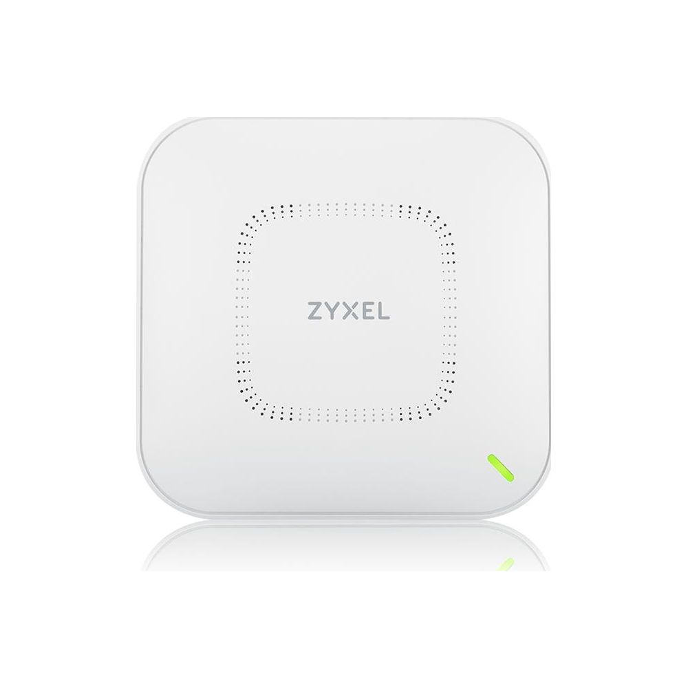 Białe urządzenie Zyxel z małymi światłami i zielonym wskaźnikiem LED.