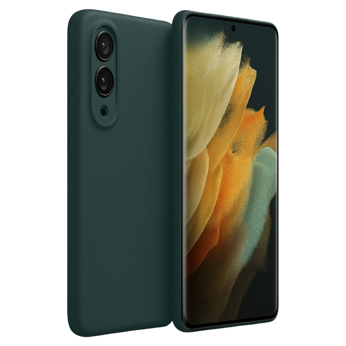 Koyu yeşil telefon kılıfı ve soyut duvar kağıtlı akıllı telefon.