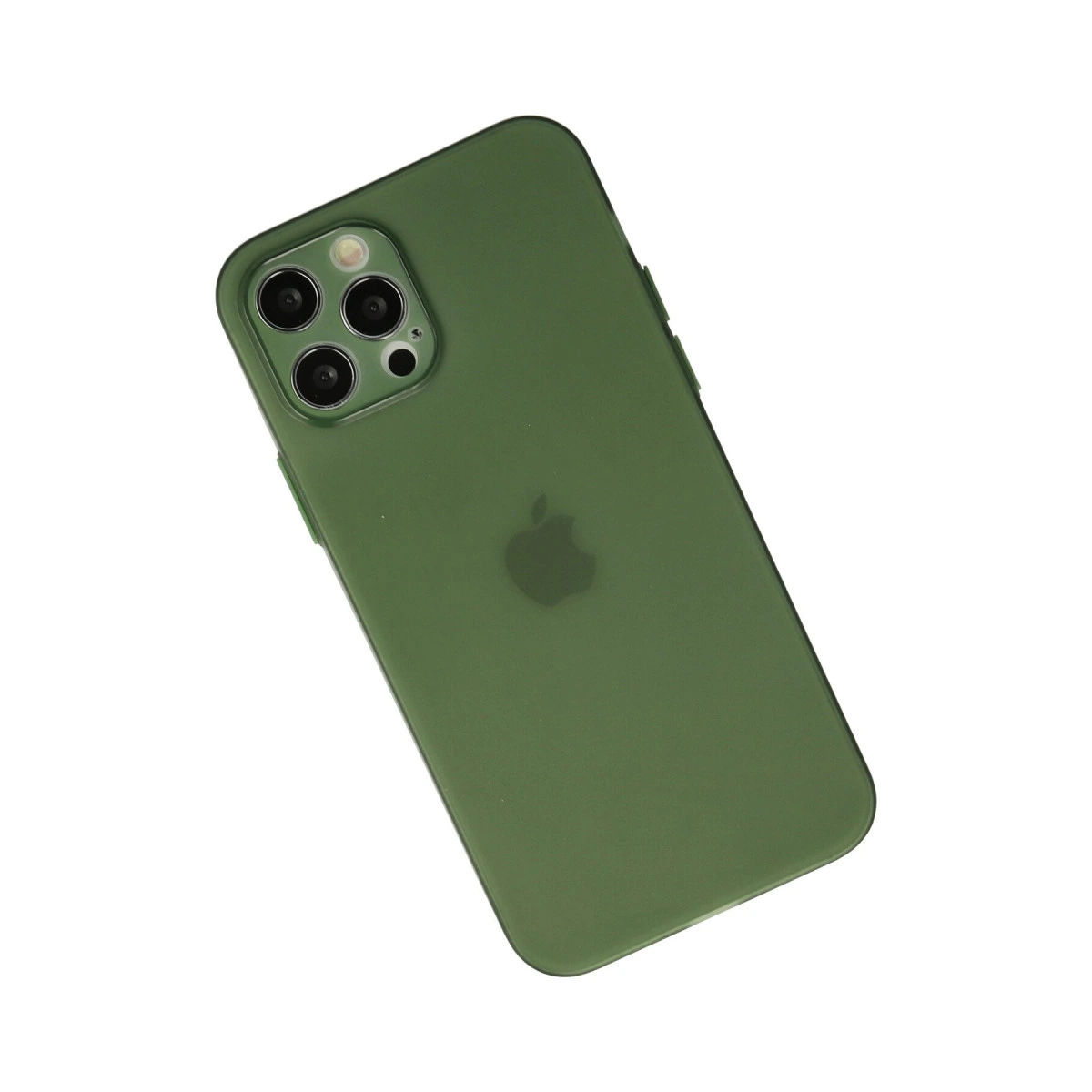 Apple logosu ve dörtlü kameraya sahip yeşil telefon kılıfı.