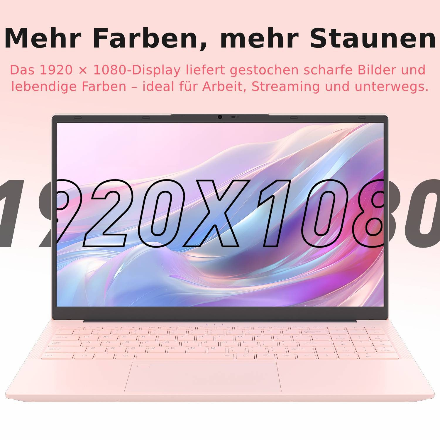 Ein rosa Laptop mit einem 1920x1080 Display, das bunte Bilder zeigt.