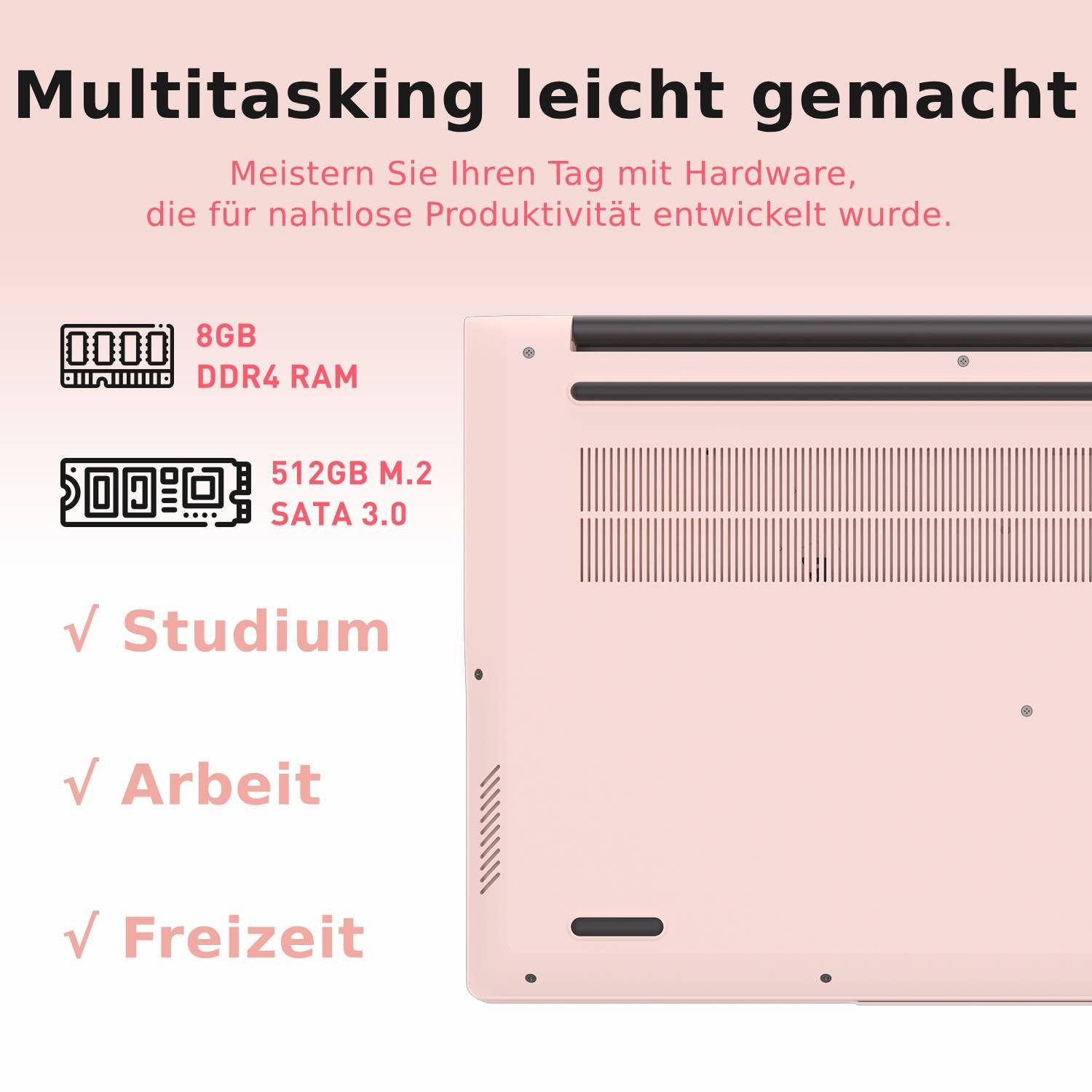 Ein rosa Laptop mit Spezifikationen: 8GB DDR4 RAM, 512GB M.2 SATA3.0.