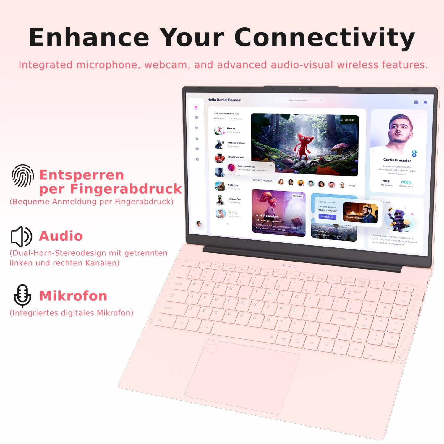 Ein rosa Laptop mit einem Bildschirm, der eine Gaming-Oberfläche zeigt. Text hebt Audio- und Mikrofonfunktionen hervor.
