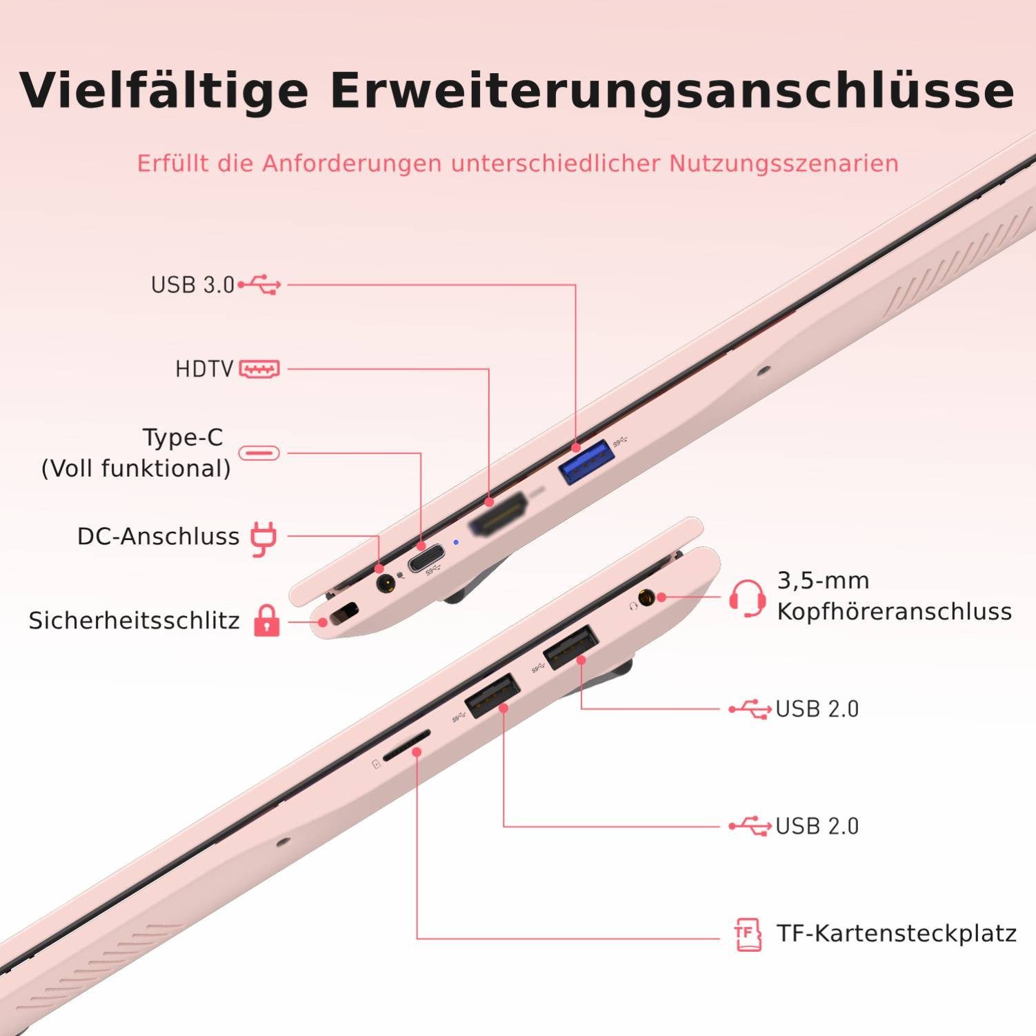 Ein rosafarbenes Laptop mit verschiedenen Anschlüssen wie USB, HDTV und Kopfhörerbuchse.