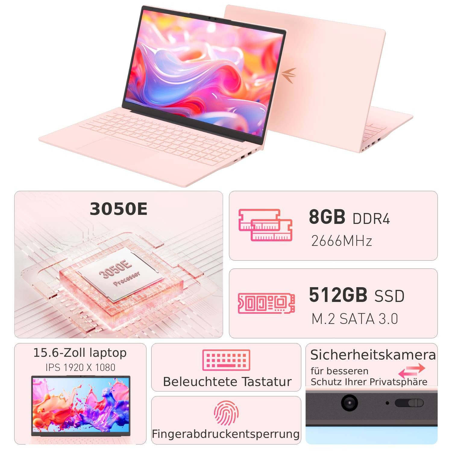 Ein rosa Laptop mit Spezifikationen: 3050E CPU, 8GB DDR4, 512GB SSD.