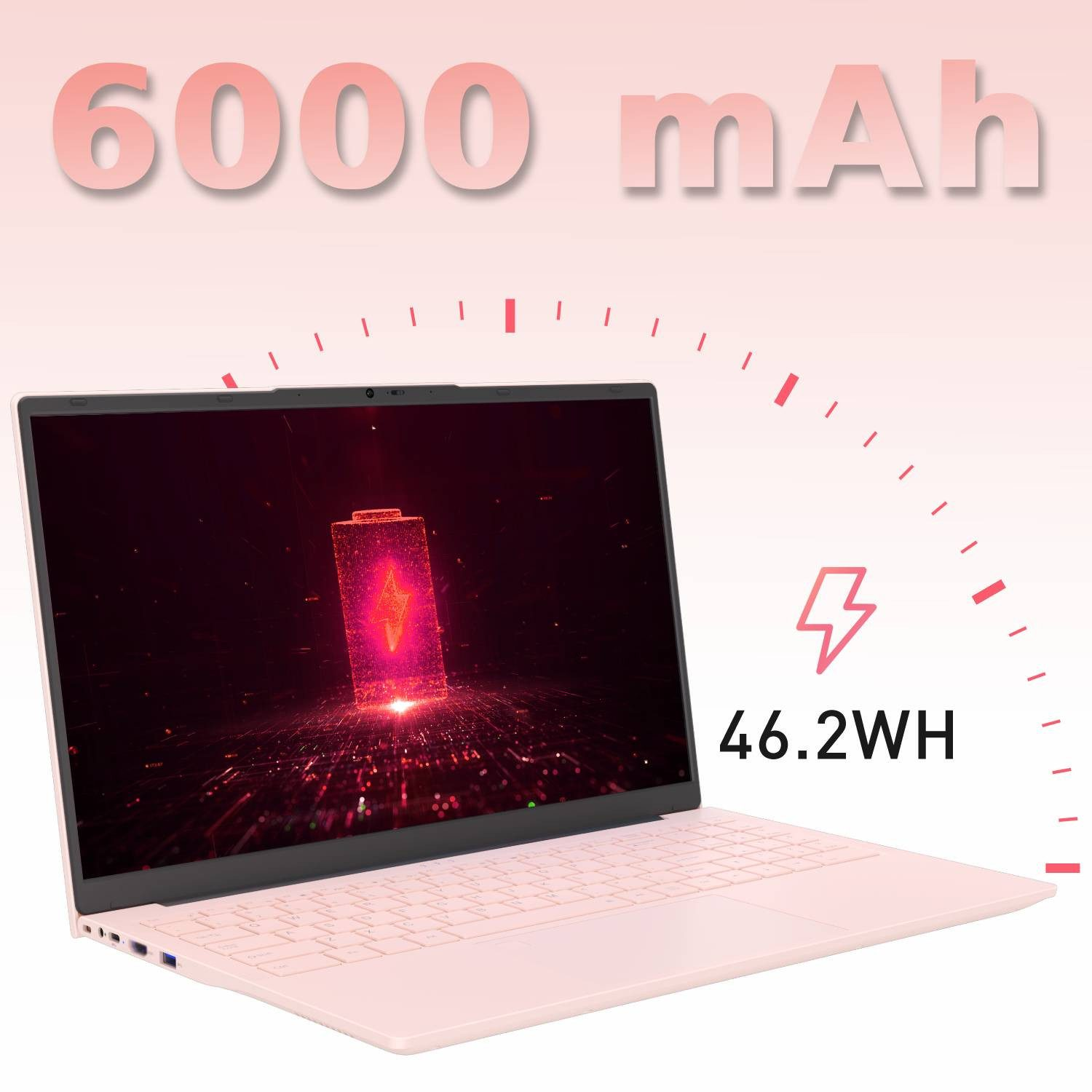 Ein rosafarbener Laptop mit einem Akkusymbol und 6000 mAh/46.2WH.