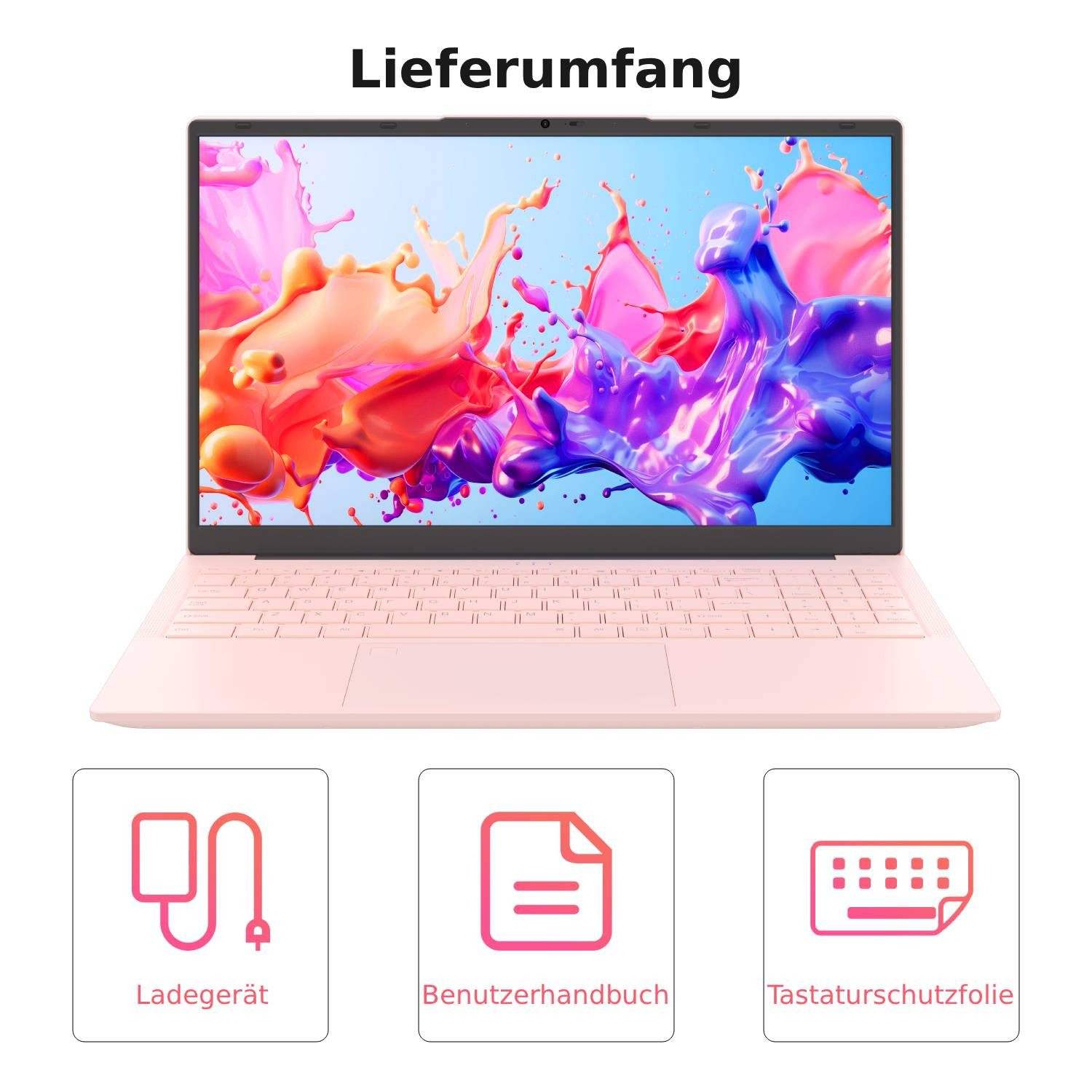 Ein rosafarbener Laptop mit buntem Bildschirmhintergrund und drei Symbolen unten.