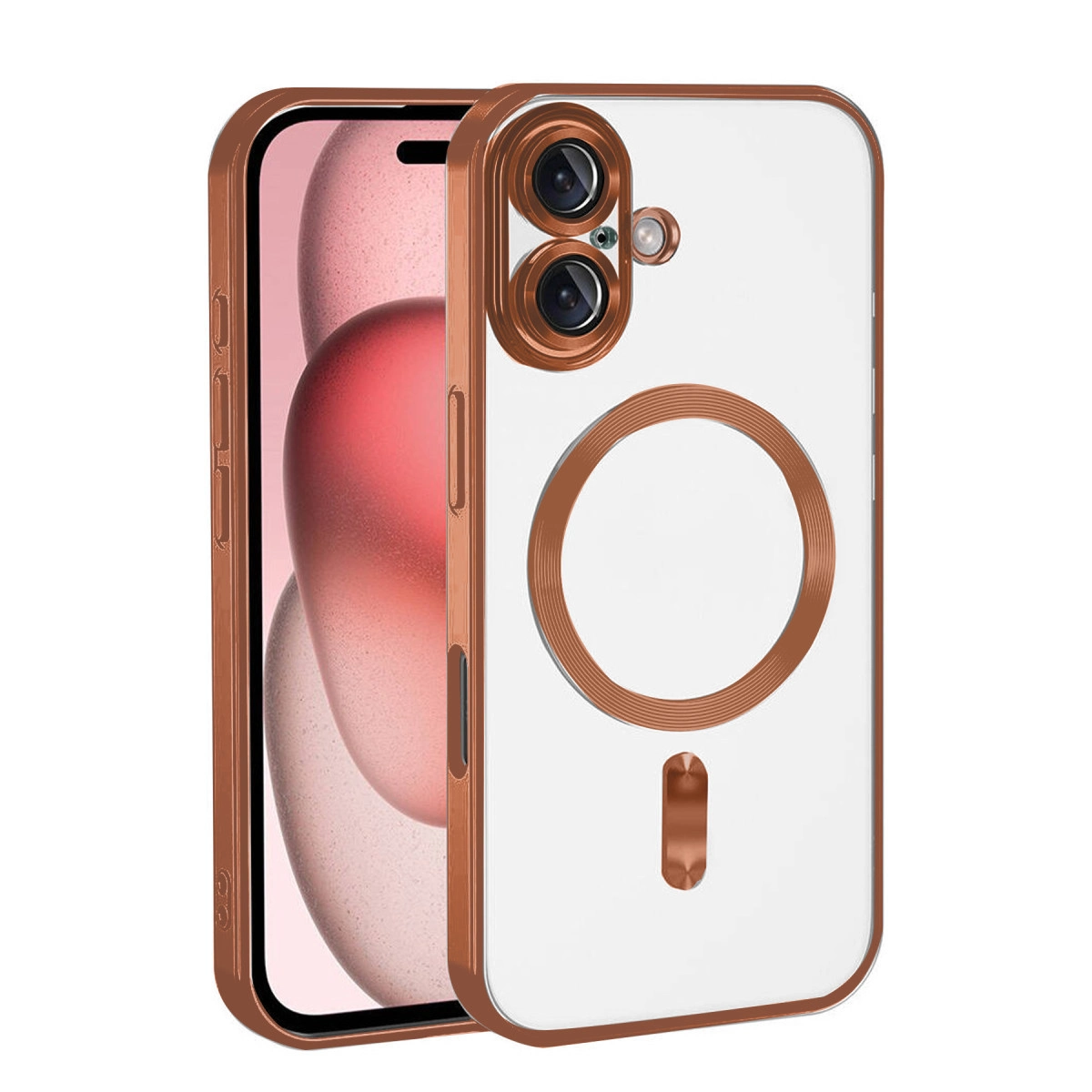 Şeffaf arka ve kamera modülüne sahip rose altın rengi telefon kılıfı.