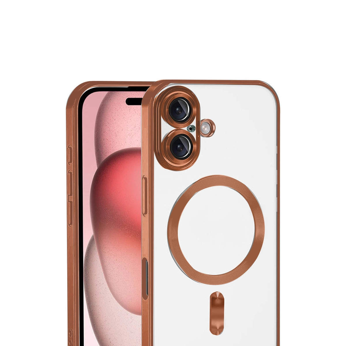 Bronz çerçeve, iki kameralı şeffaf bir telefon kılıfını çevreler.