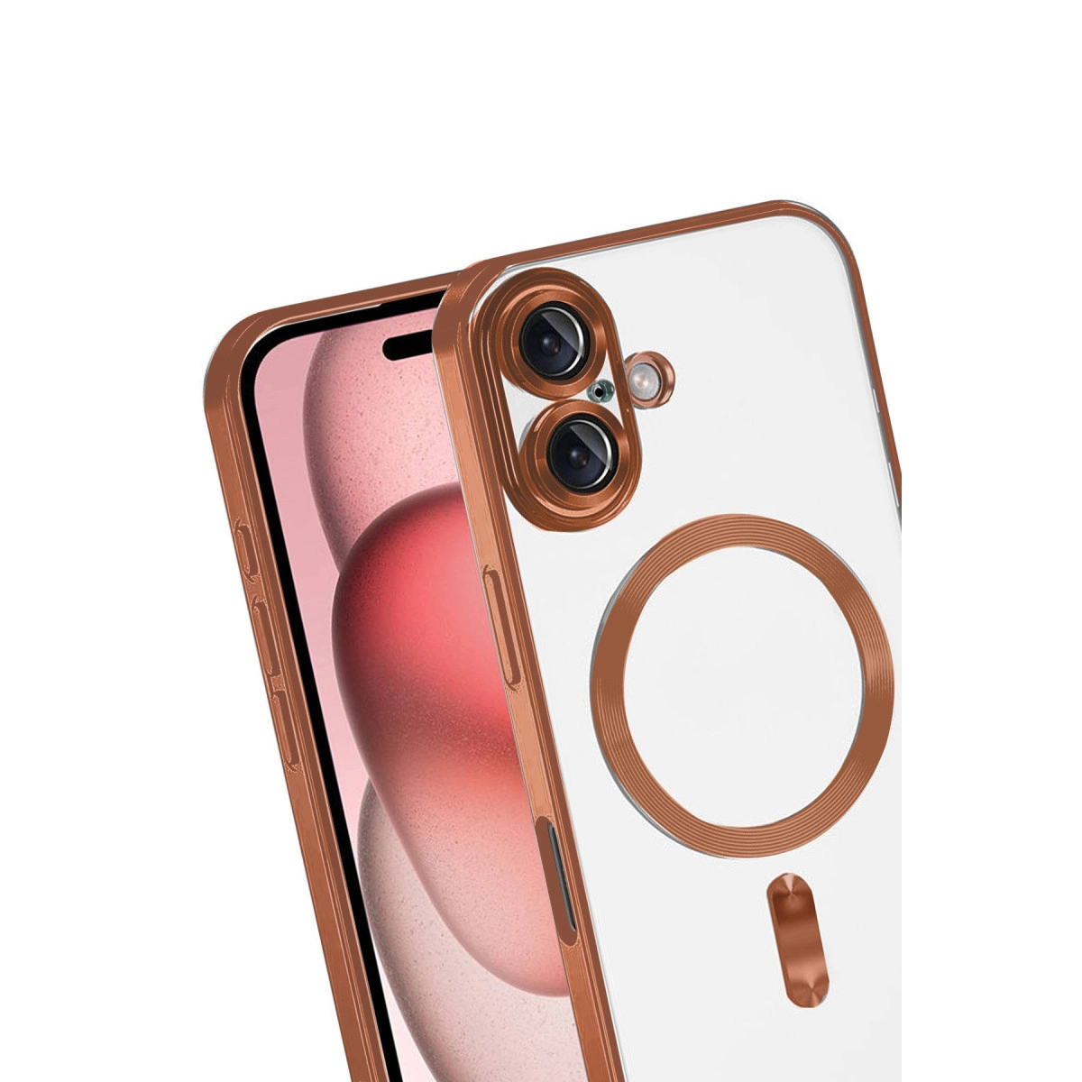 Arkada çift kamera ve manyetik halka gösteren şeffaf arka yüzlü, rose gold telefon kılıfı.
