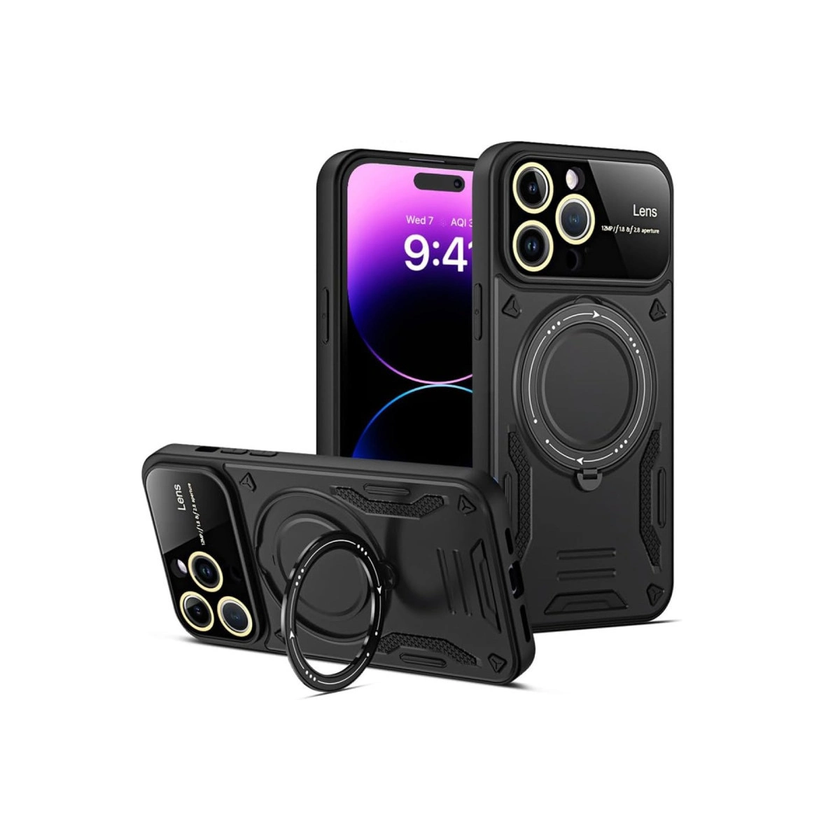 Halka tutuculu ve kamera yazılı siyah telefon kılıfları.