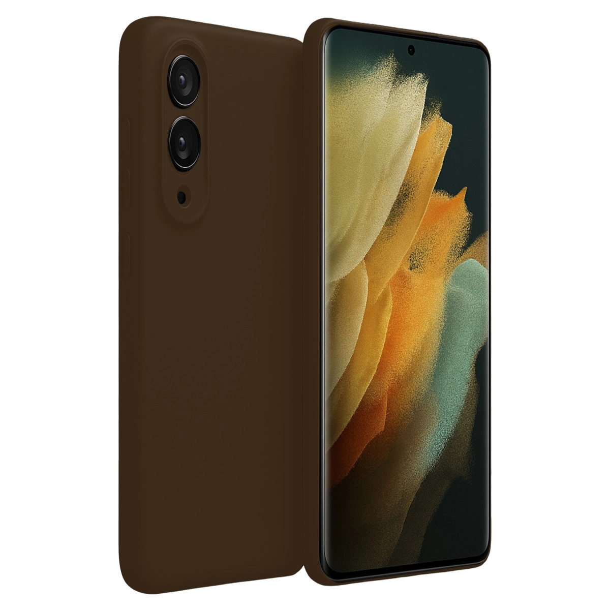 Renkli soyut duvar kağıdı gösteren bir akıllı telefonun yanında kahverengi telefon kılıfı.