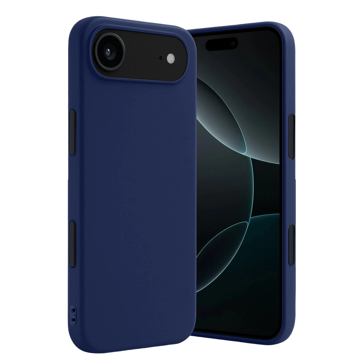 Koyu mavi telefon kılıfı, koyu ekranlı bir akıllı telefonu koruyor.