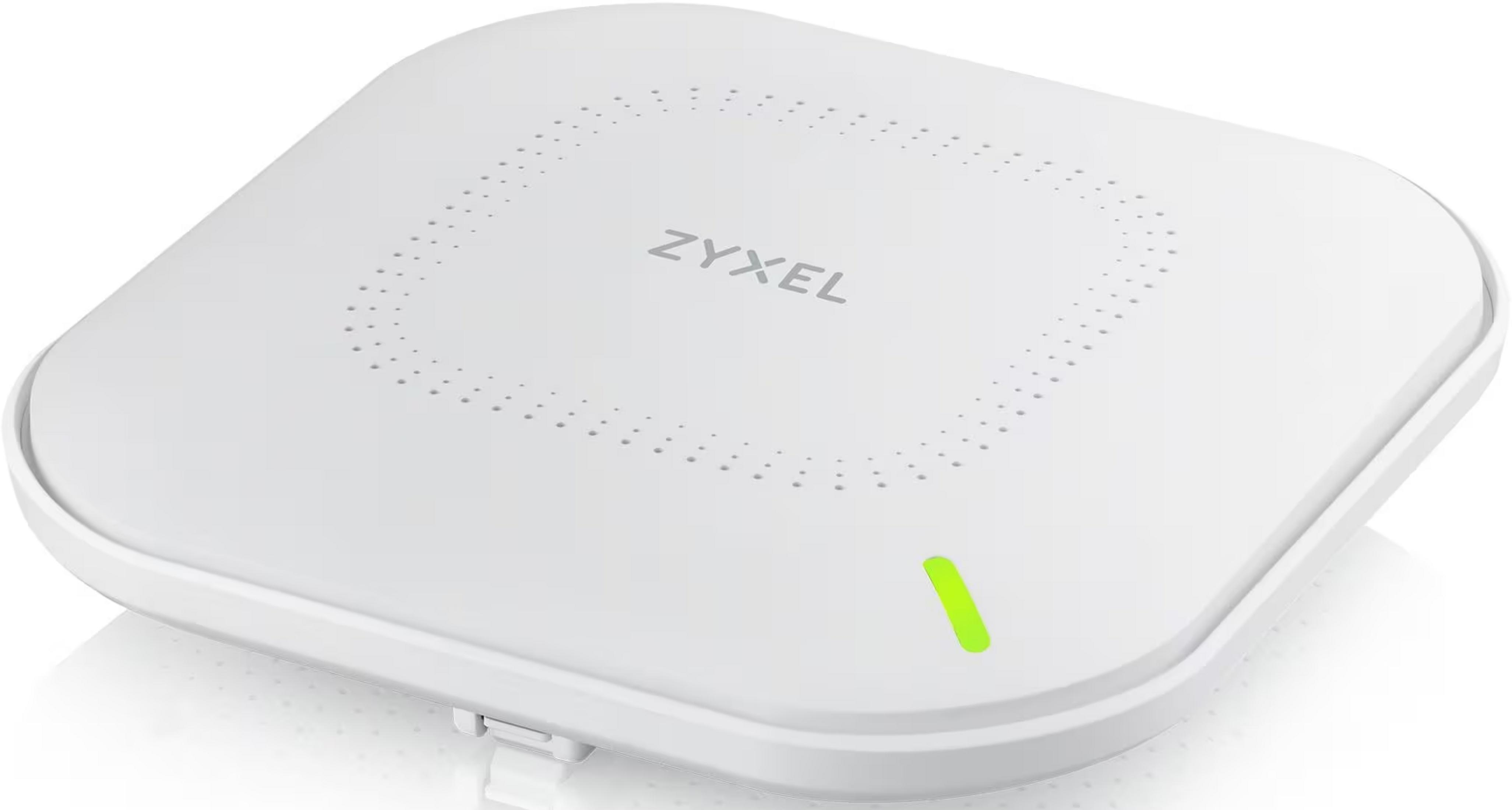 Biały punkt dostępowy Wi-Fi Zyxel z zielonym światłem.