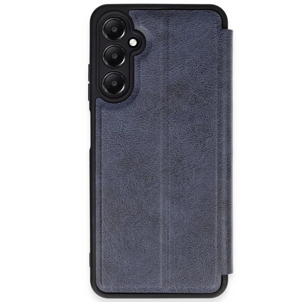 Üç kamera lensli, kapaklı koyu mavi telefon kılıfı.