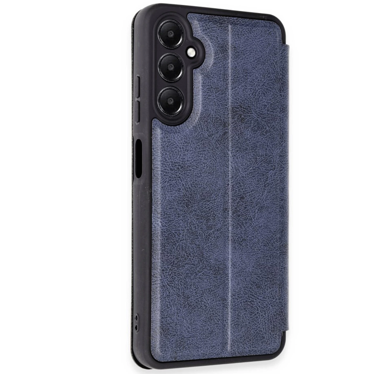 Üç kamera lensli, dokulu, lacivert telefon kılıfı.