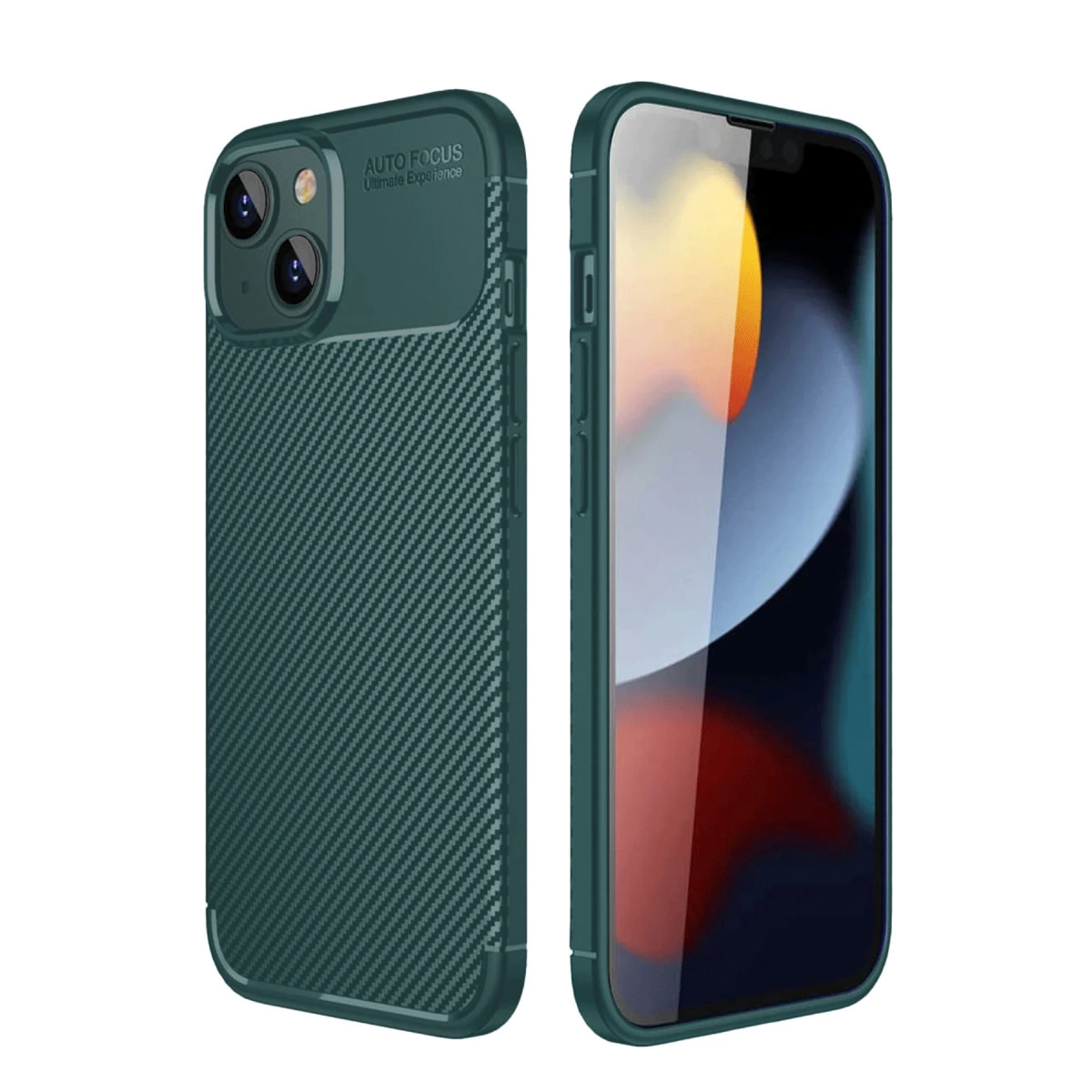 Karbon fiber desenli, kamera kesimli koyu yeşil telefon kılıfı.