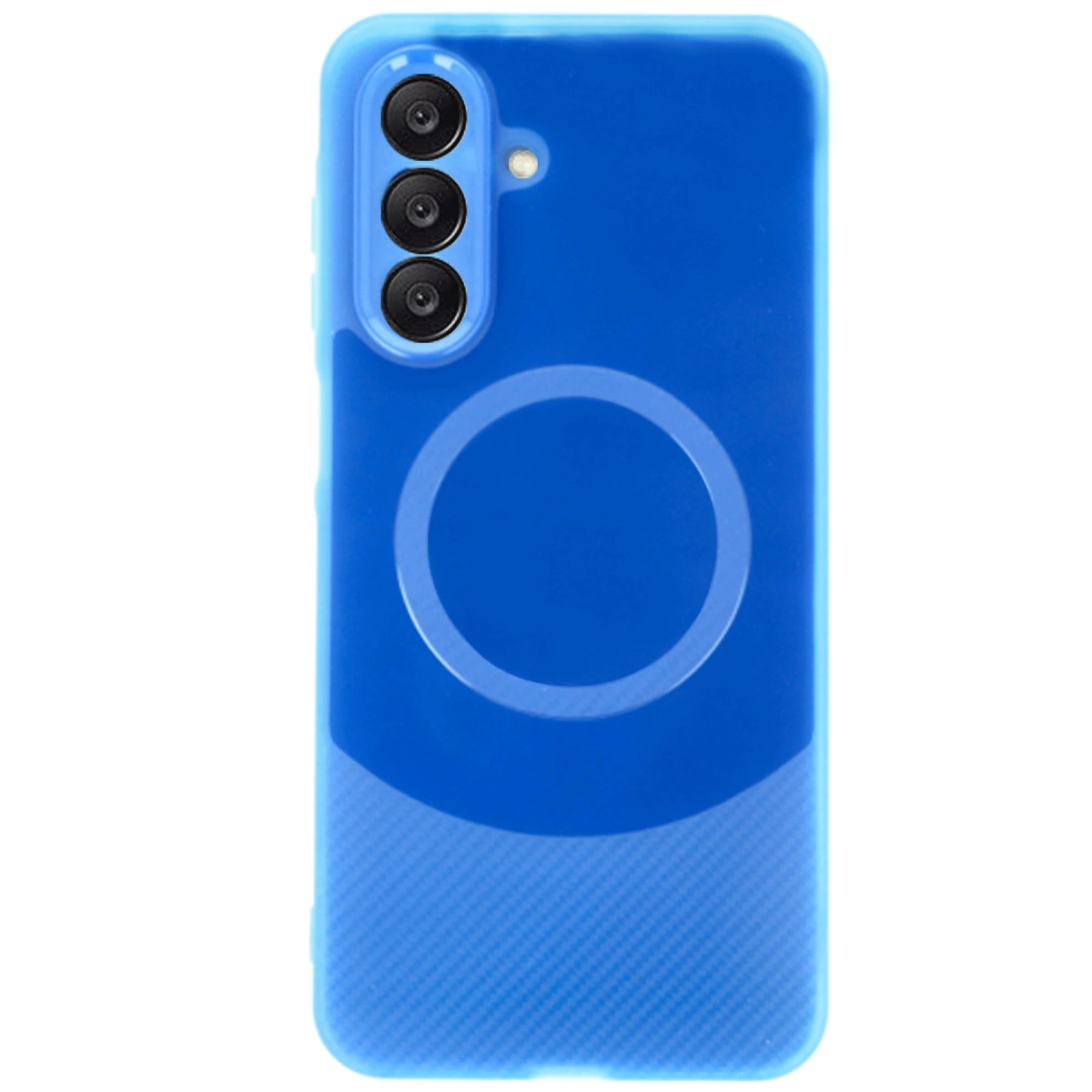 Arkada üç kamera ve daire bulunan mavi telefon kılıfı.