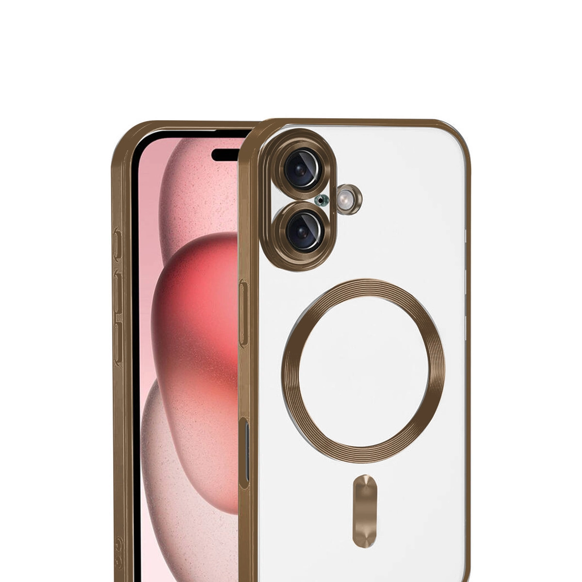 Altın çerçeveli ve kamera vurgulu şeffaf telefon kılıfı.