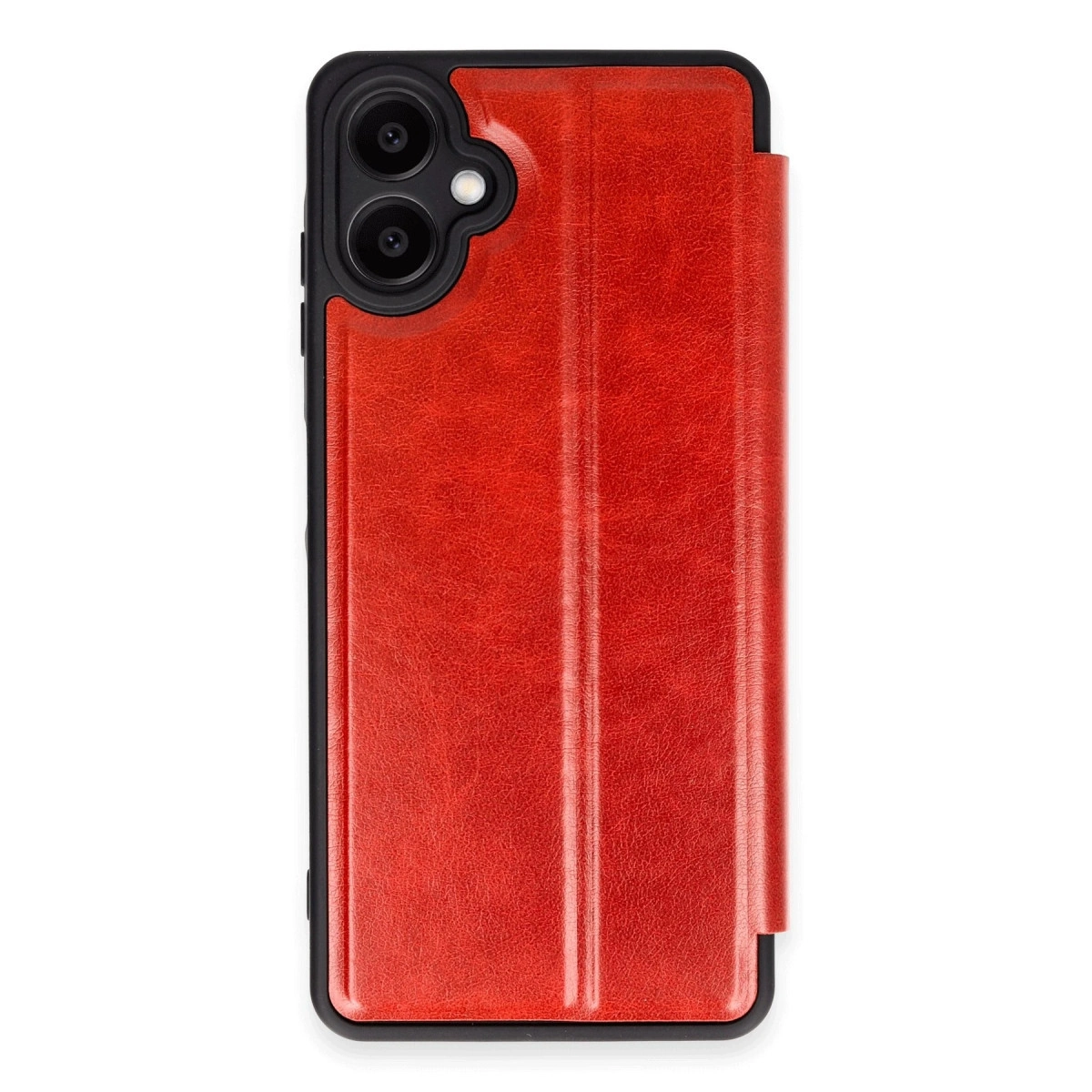 İki kamera lensli ve pürüzsüz dokulu kırmızı telefon kılıfı.